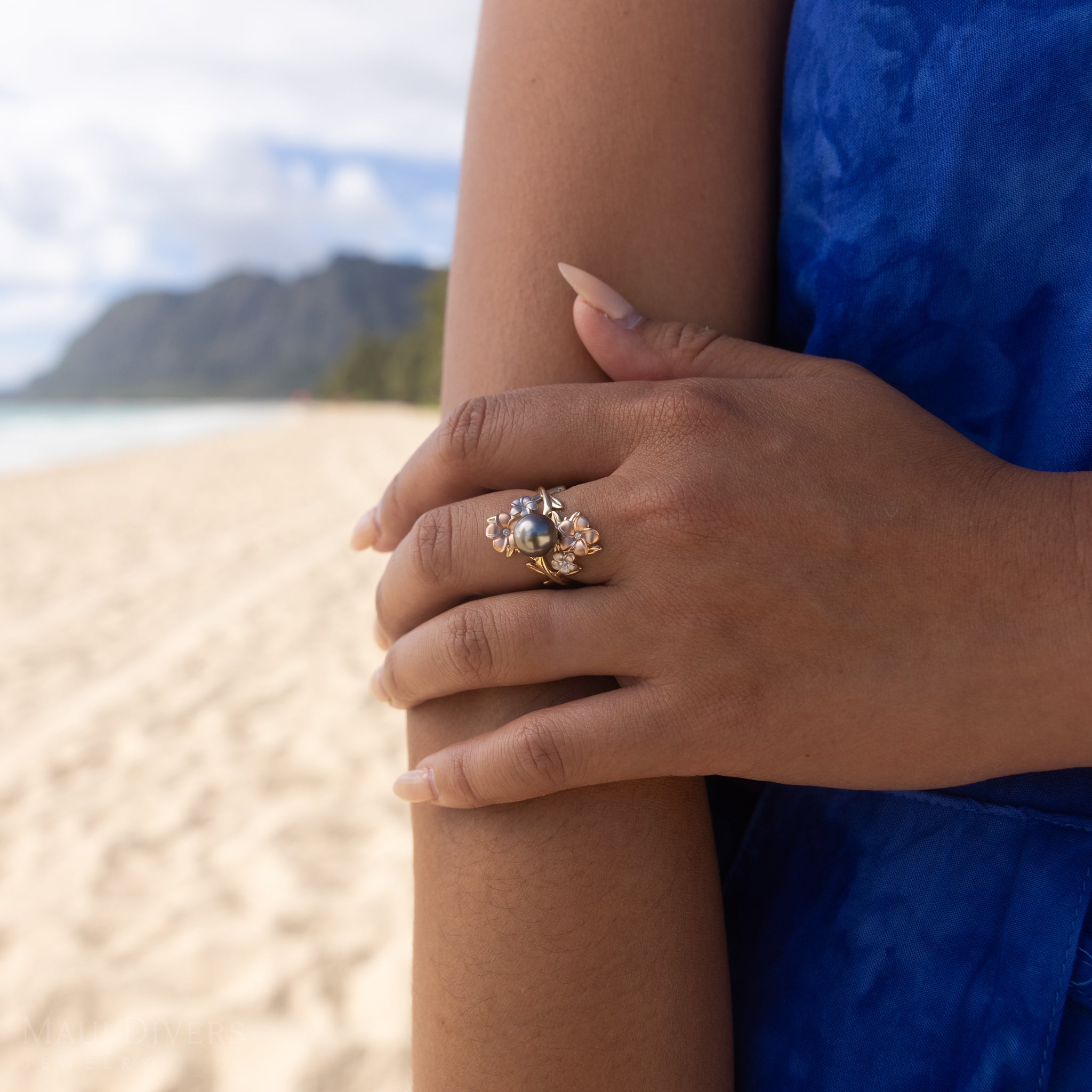 パール イン ブルームプルメリア タヒチ黒真珠 ダイヤモンド リング スリーカラー ゴールド 22mm