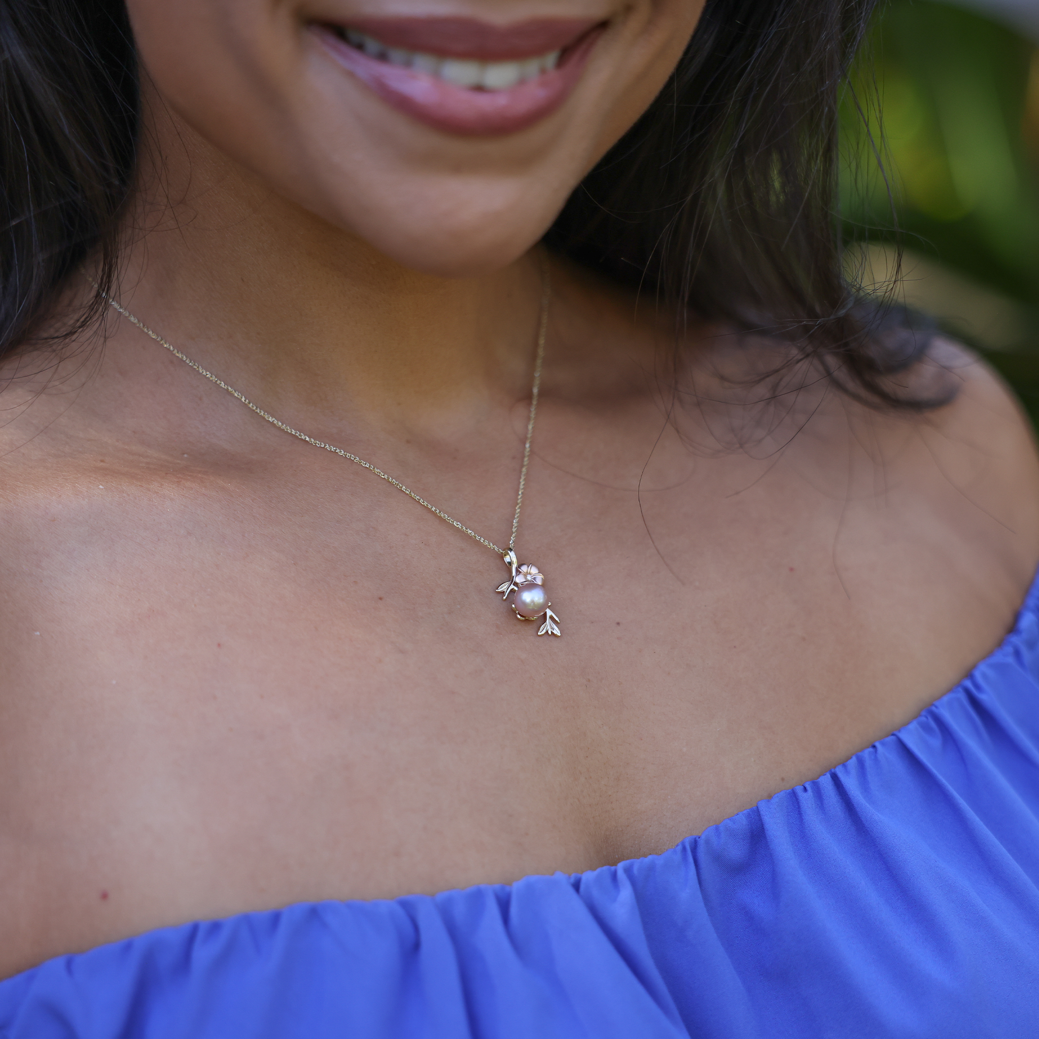 パール イン ブルームプルメリア ラベンダー 淡水パール ペンダント ダイヤモンド 52mm ゴールド