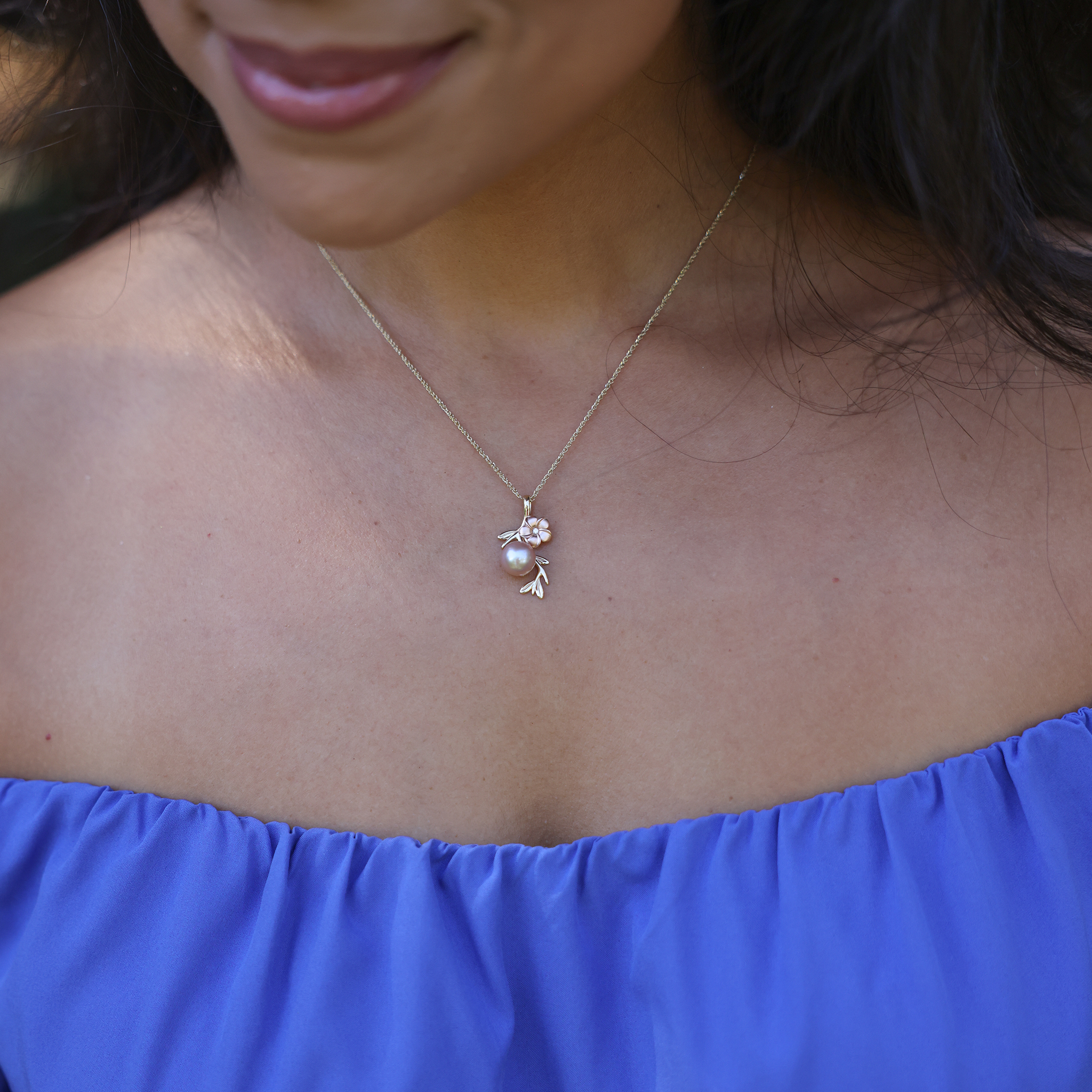 パール イン ブルームプルメリア ラベンダー 淡水パール ペンダント ダイヤモンド 52mm ゴールド