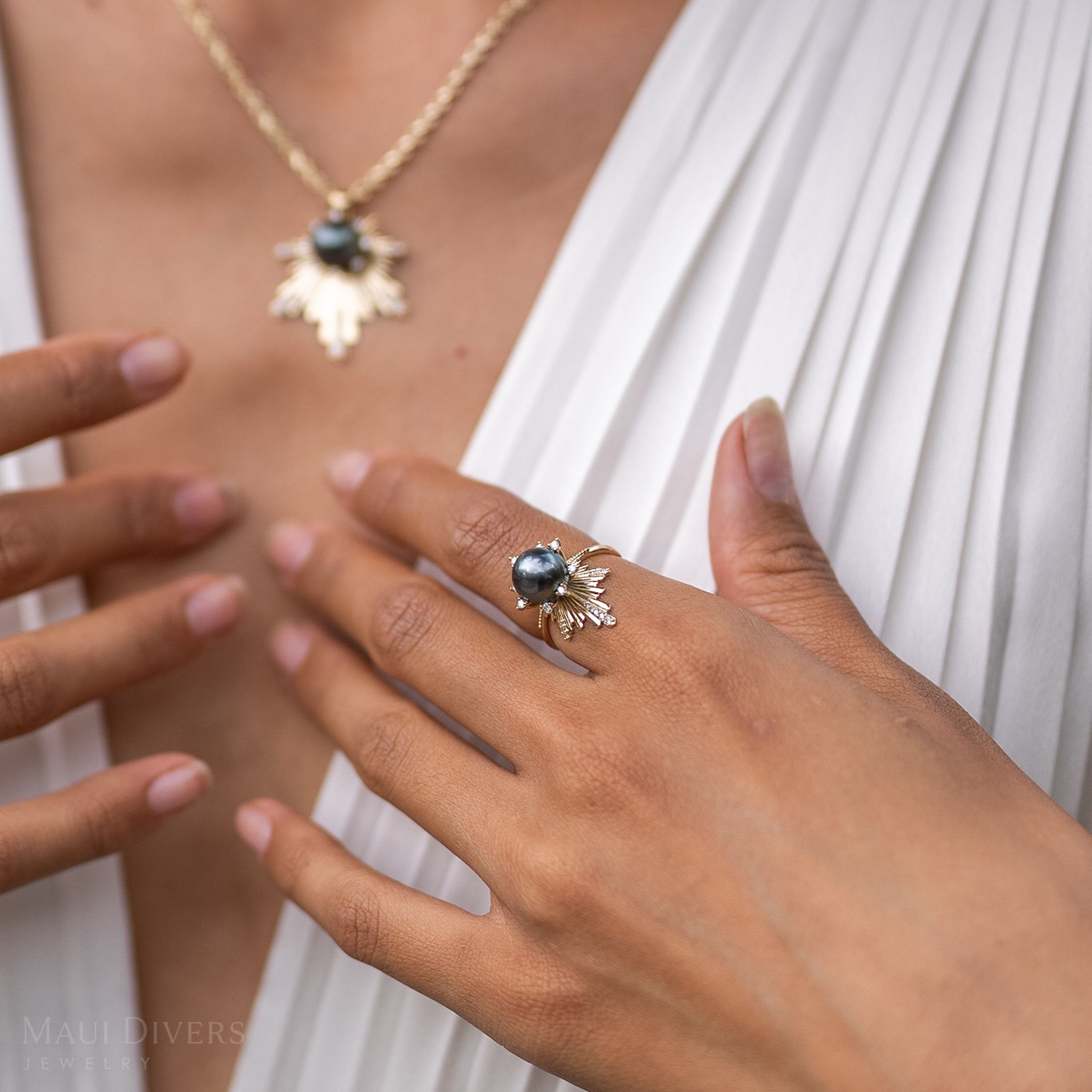 E Hoʻāla タヒチ黒真珠 ダイヤモンド ゴールド リング - 21mm