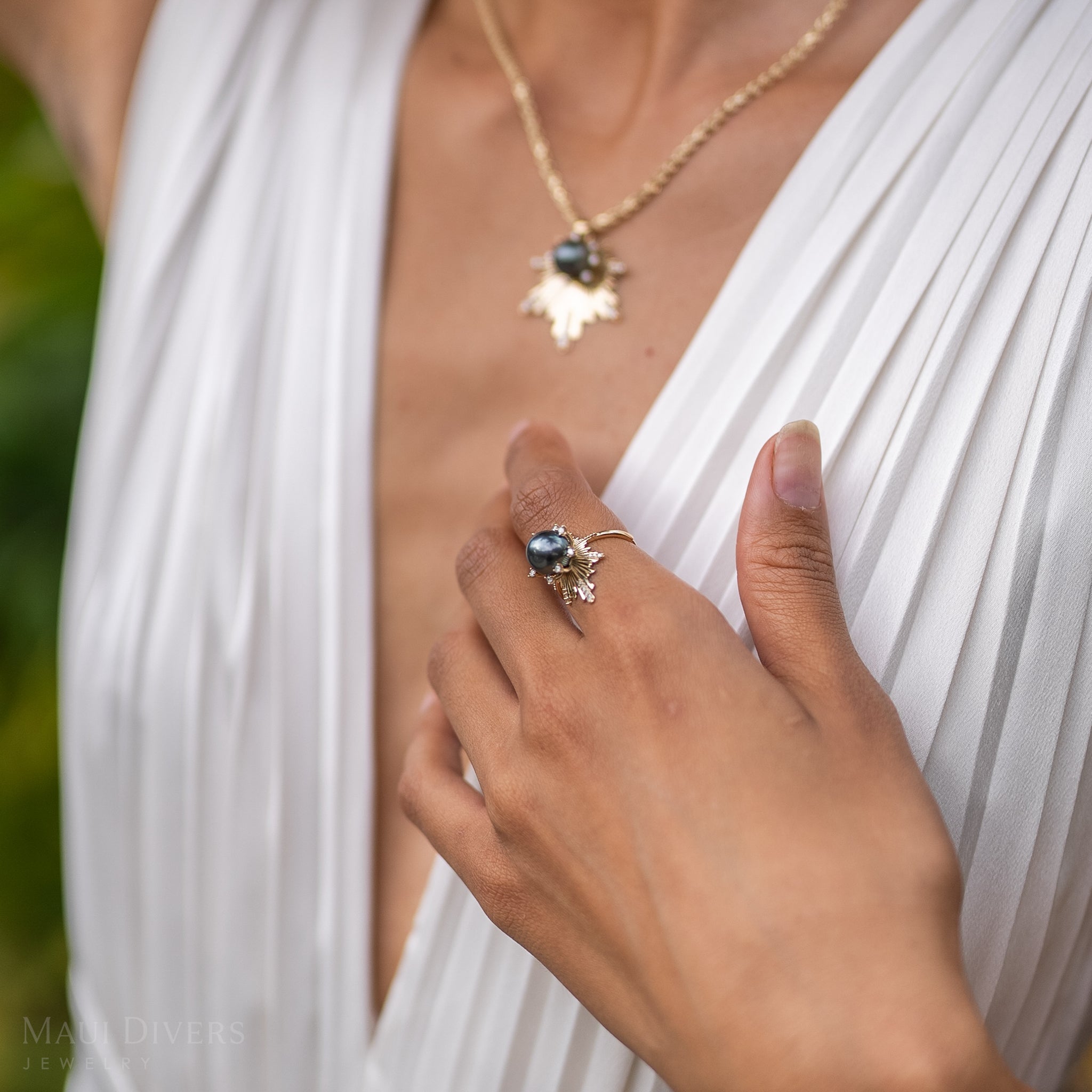 E Hoʻāla タヒチ黒真珠 ダイヤモンド ゴールド リング - 21mm