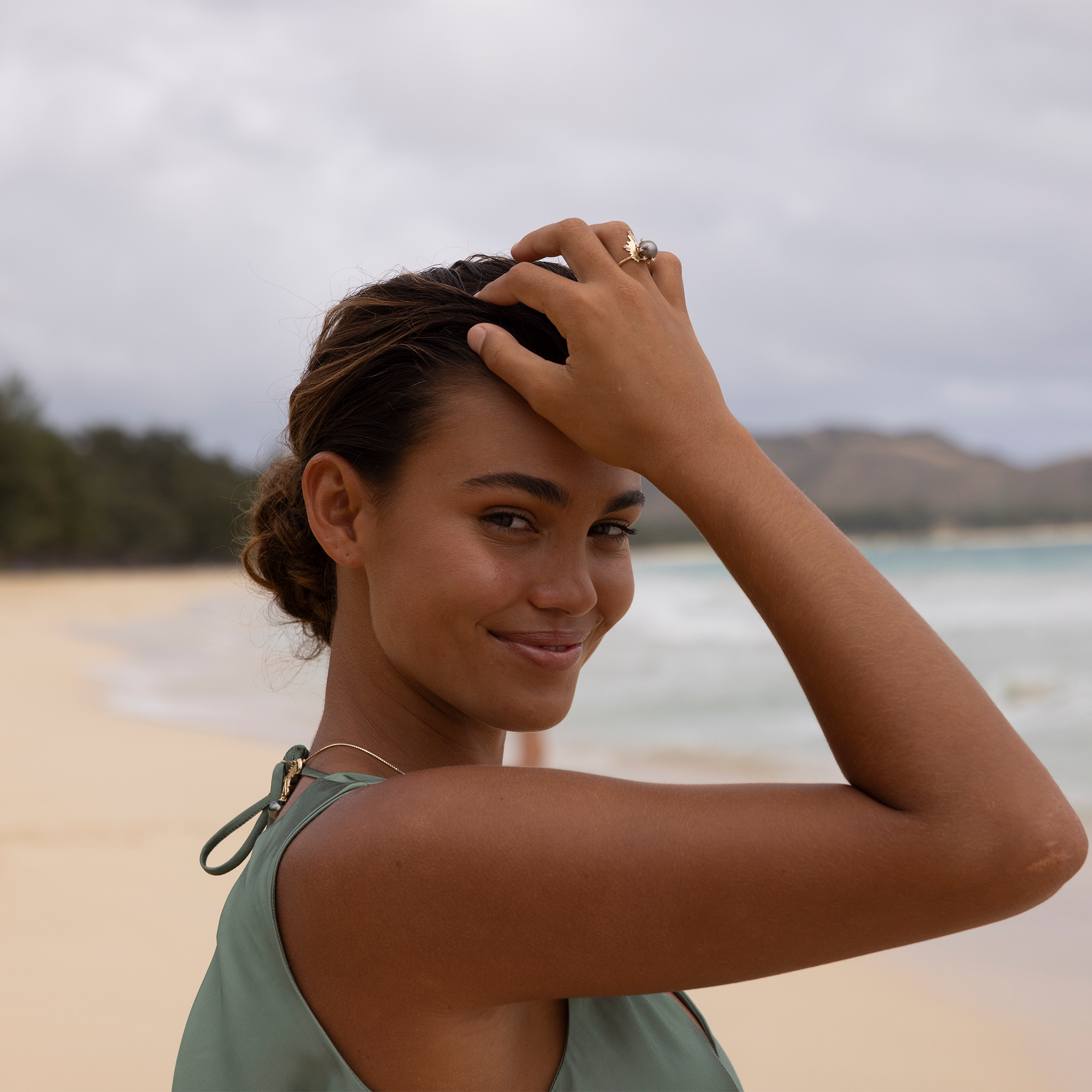 E Hoʻāla タヒチ黒真珠 ダイヤモンド ゴールド リング - 21mm