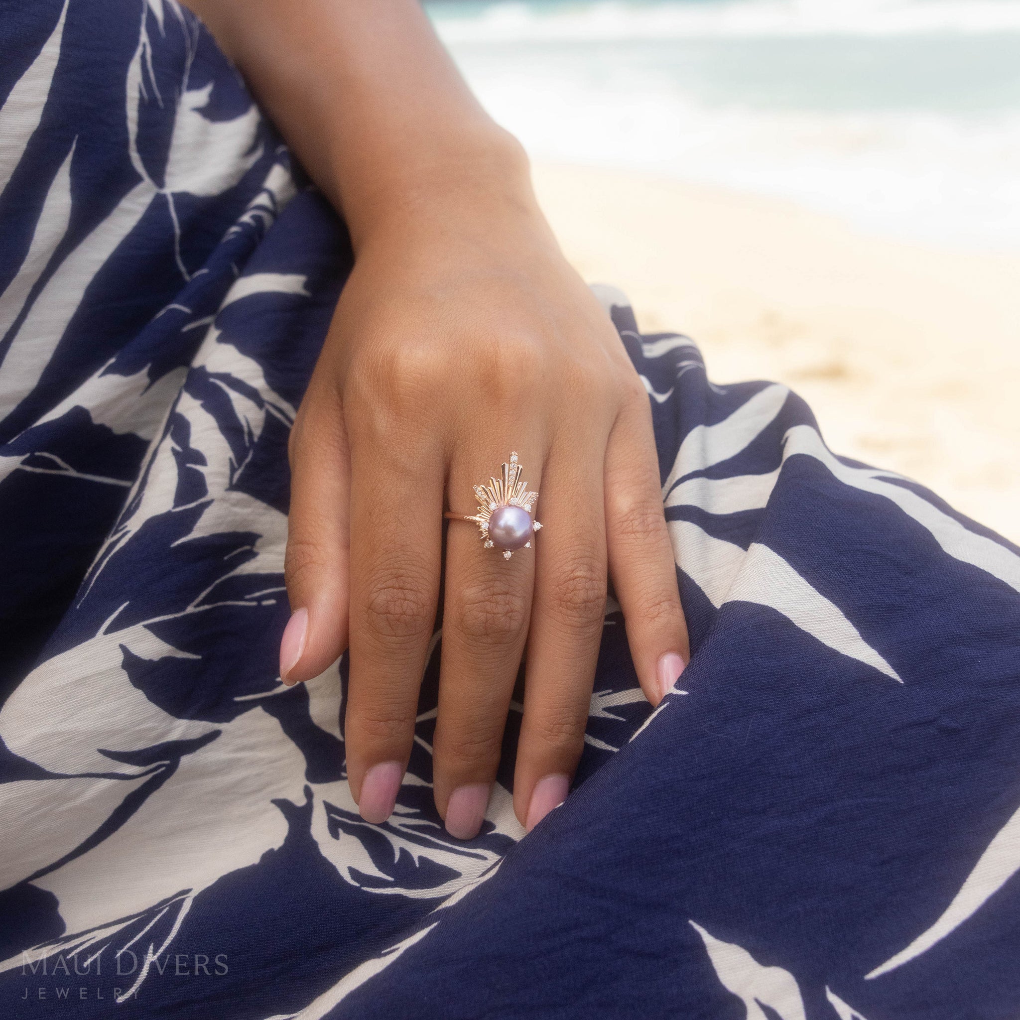 E Hoʻāla ラベンダー淡水パール リング ダイヤモンド ローズゴールド - 21mm