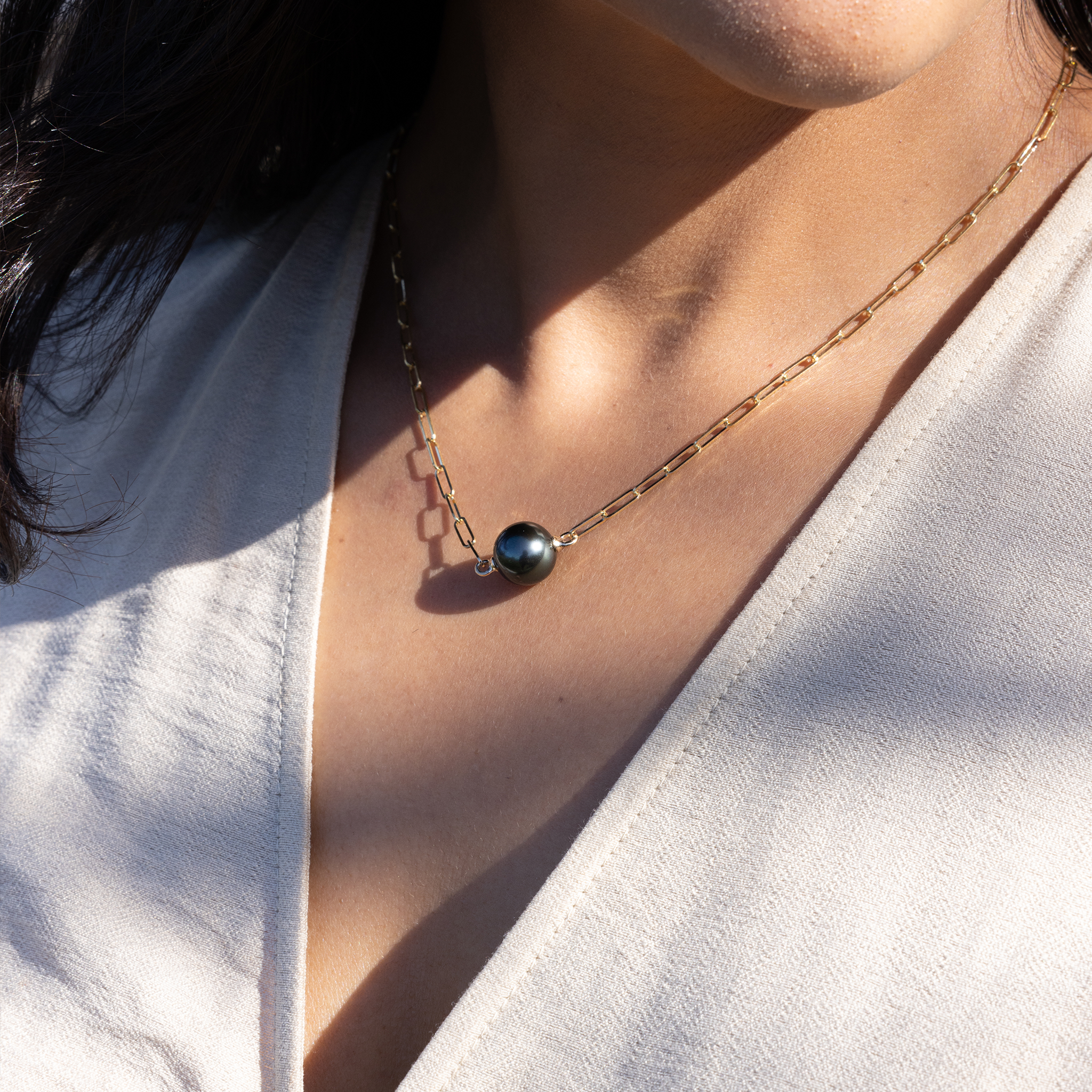 16-17インチ タヒチアンブラックパール ペーパークリップ チェーンネックレス ゴールド 10-11mm