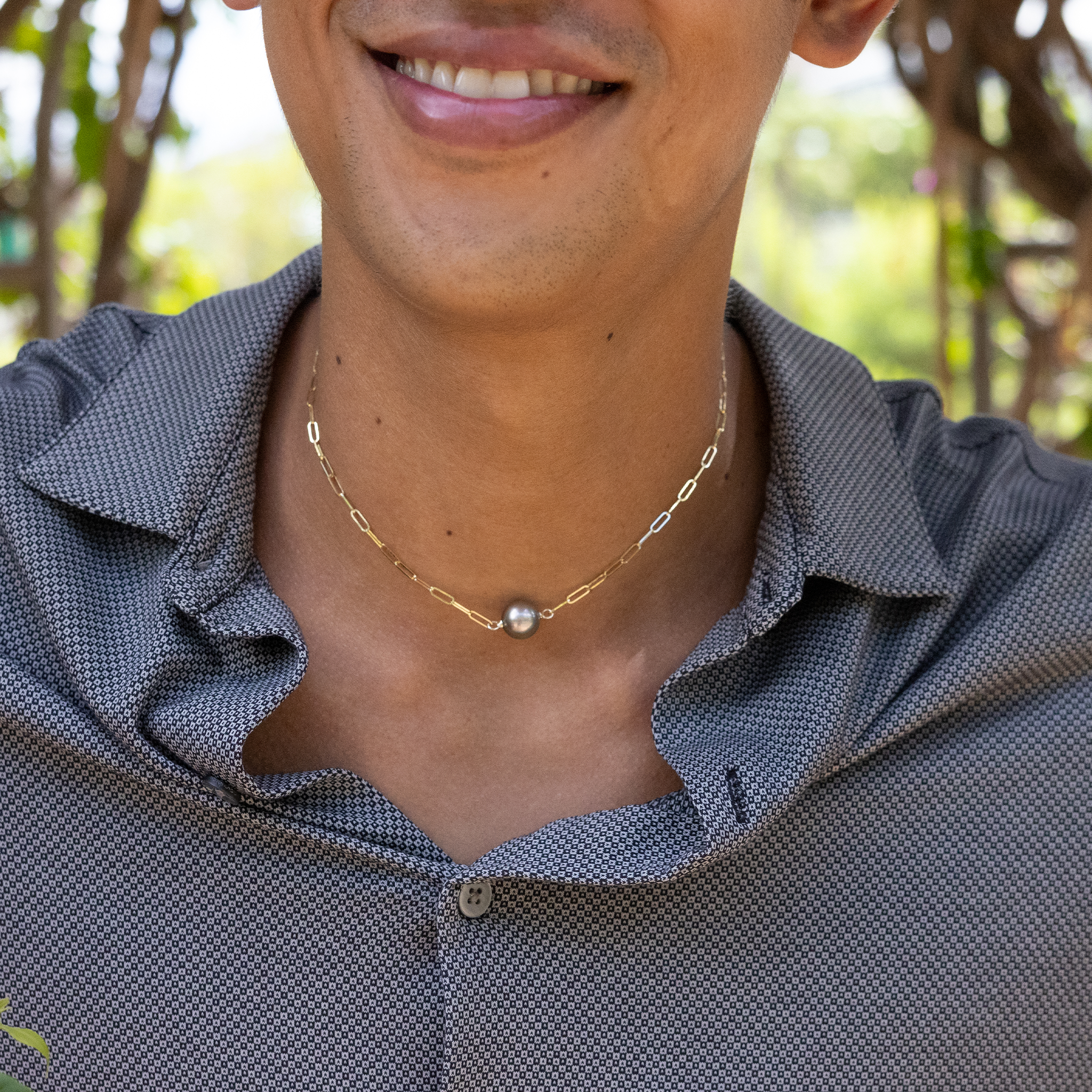 16-17インチ タヒチアンブラックパール ペーパークリップ チェーンネックレス ゴールド 10-11mm