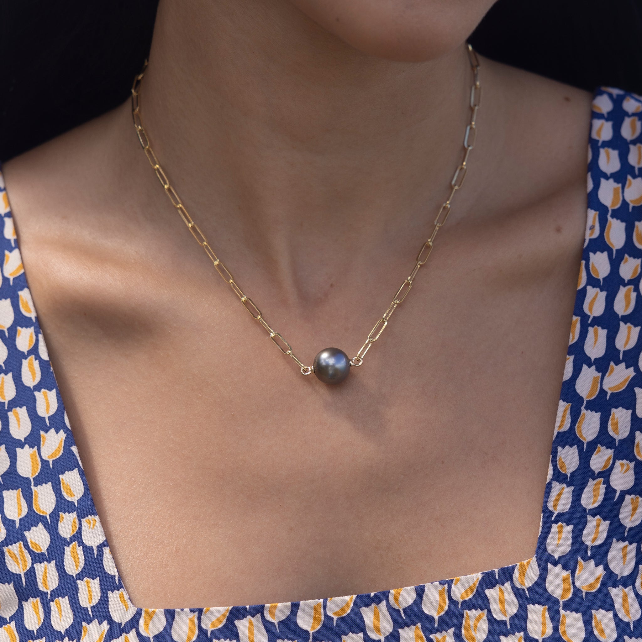 16-17 "タヒチアンブラックパールペーパークリップチェーンネックレス(ゴールド)-12-13mm