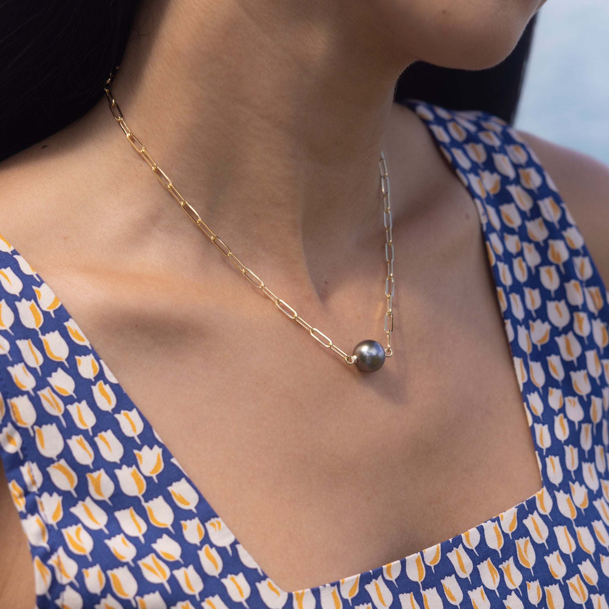 16-17 "タヒチアンブラックパールペーパークリップチェーンネックレス(ゴールド)-12-13mm