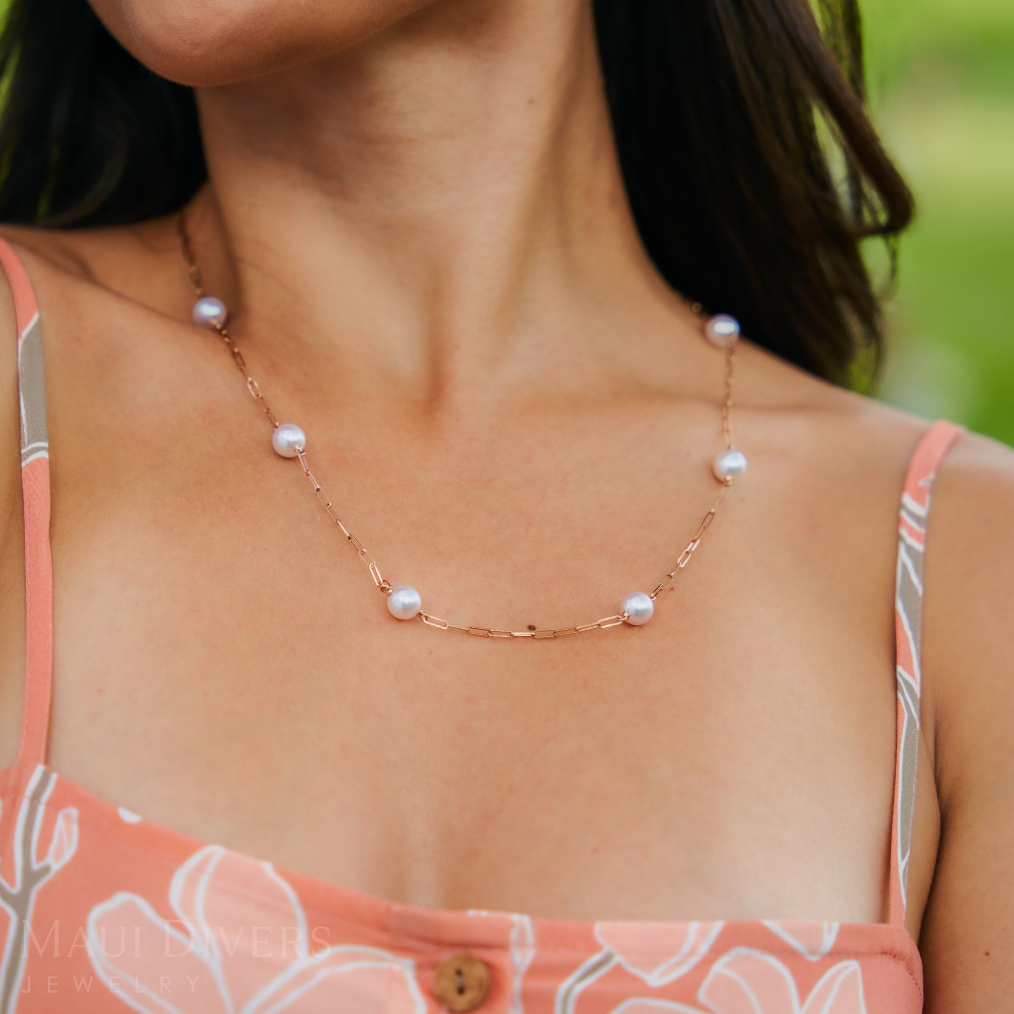 アコヤ真珠 ペーパークリップ チェーン ネックレス (ローズゴールド