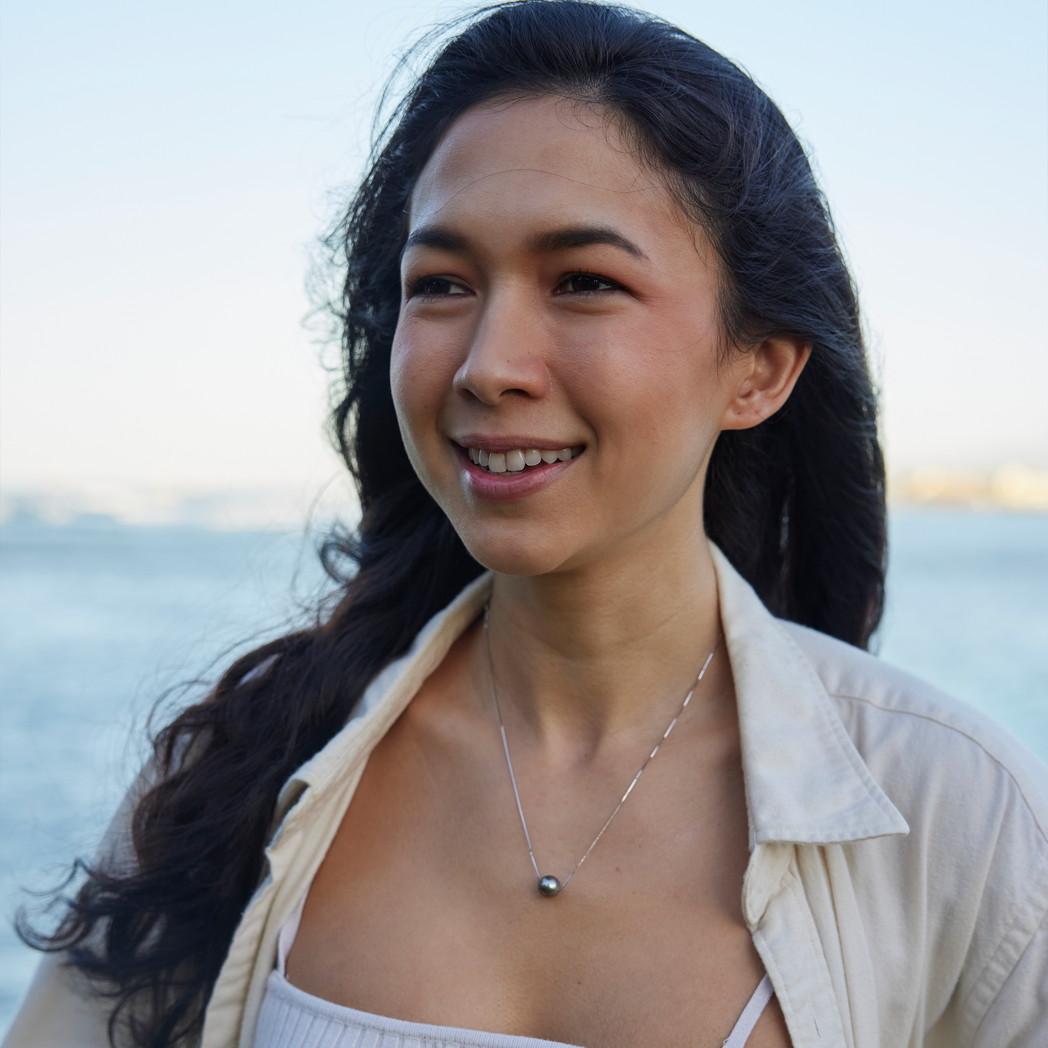 16-18インチ アジャスタブルタヒチ黒真珠ネックレス ホワイトゴールド 9-10mm