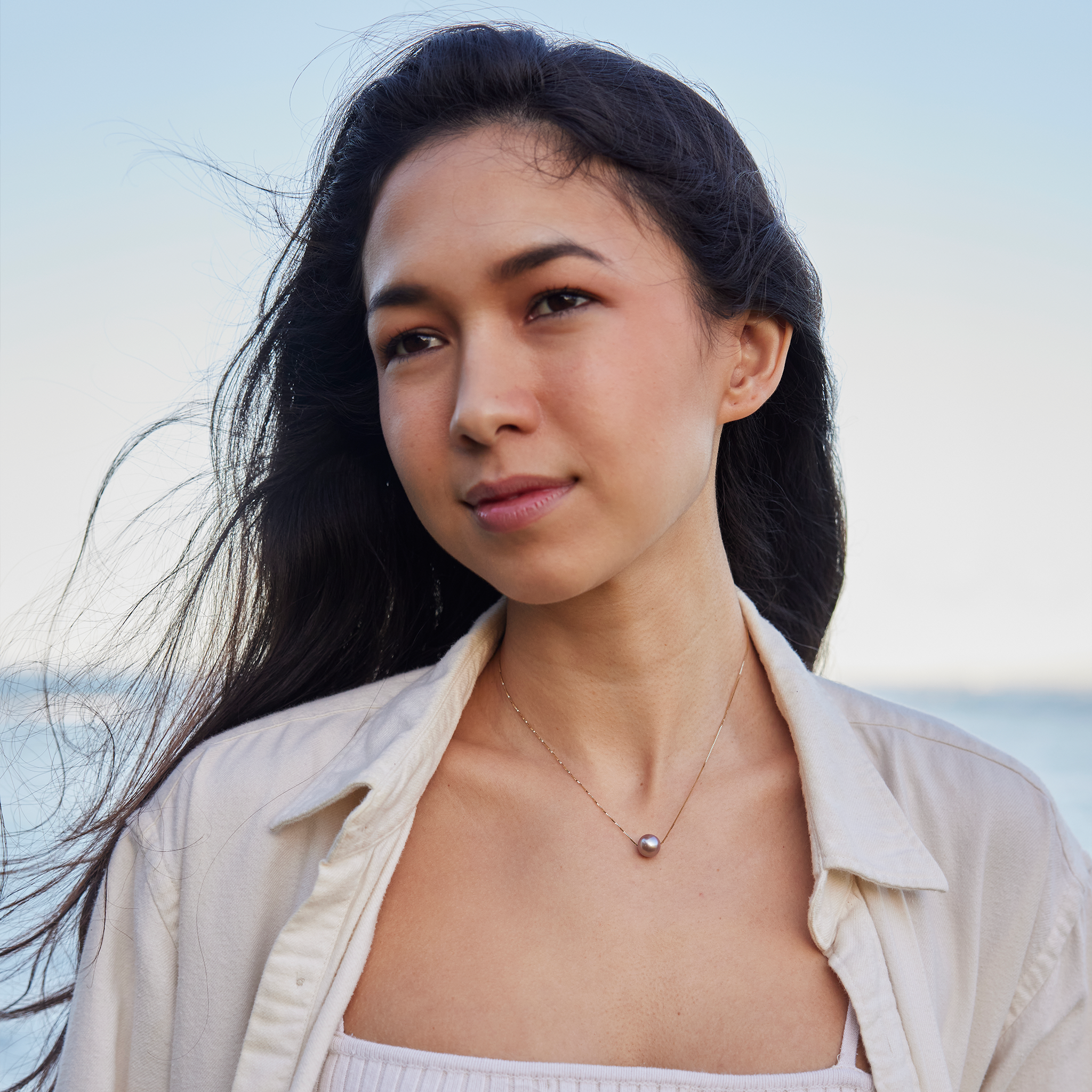 16-18インチ ゴールド淡水ライラックパールネックレス(9-10mm