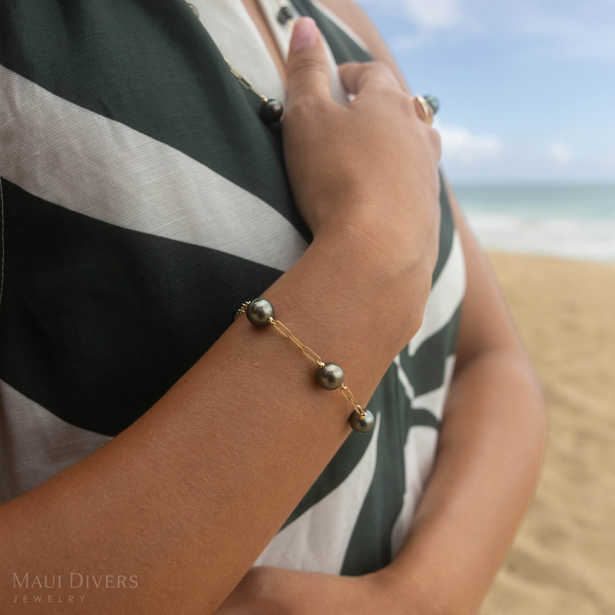 7.5-8インチ ペーパークリップ チェーン タヒチ黒真珠 ブレスレット ゴールド 9-10mm