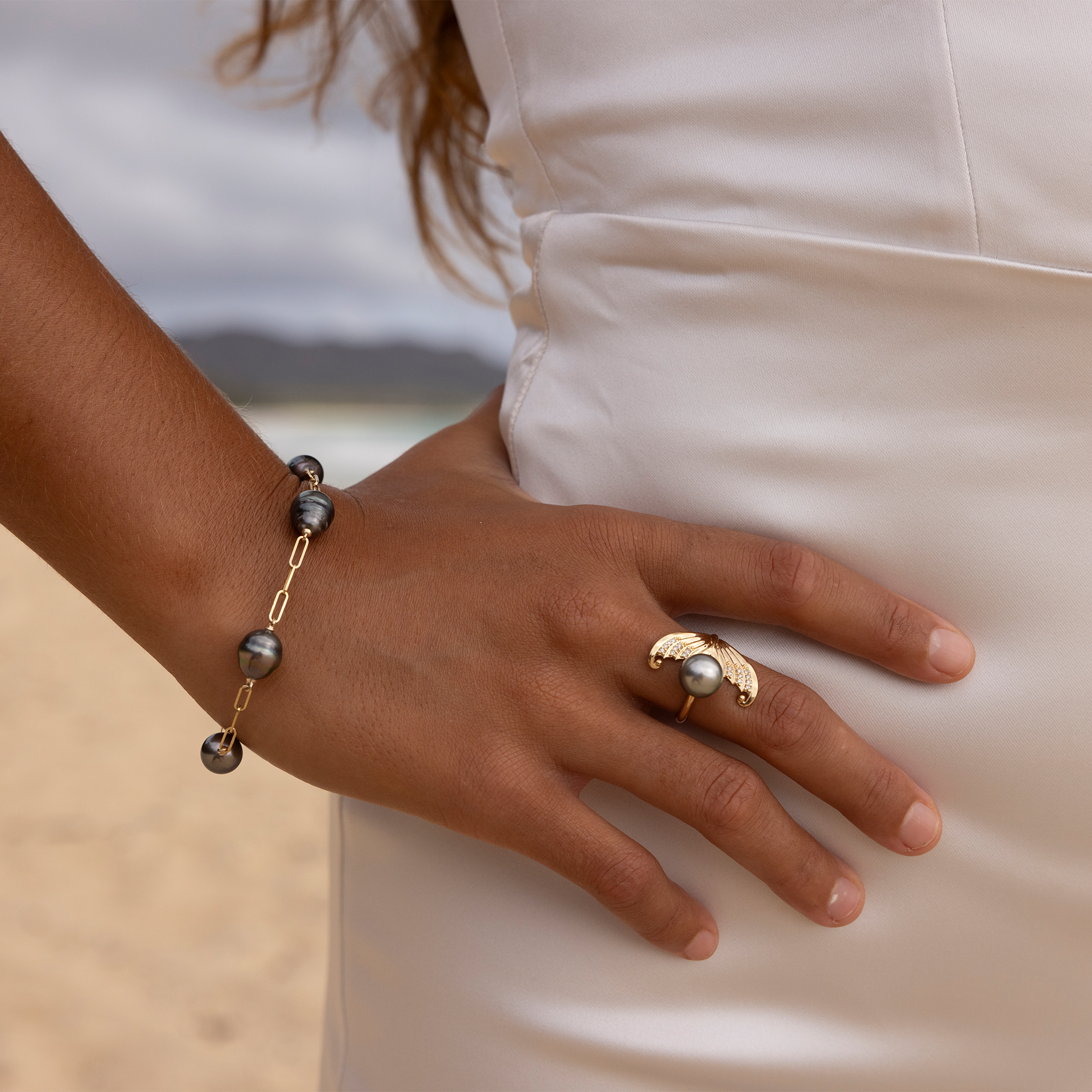 7.5-8インチ ペーパークリップ チェーン タヒチ黒真珠 ブレスレット ゴールド 9-10mm