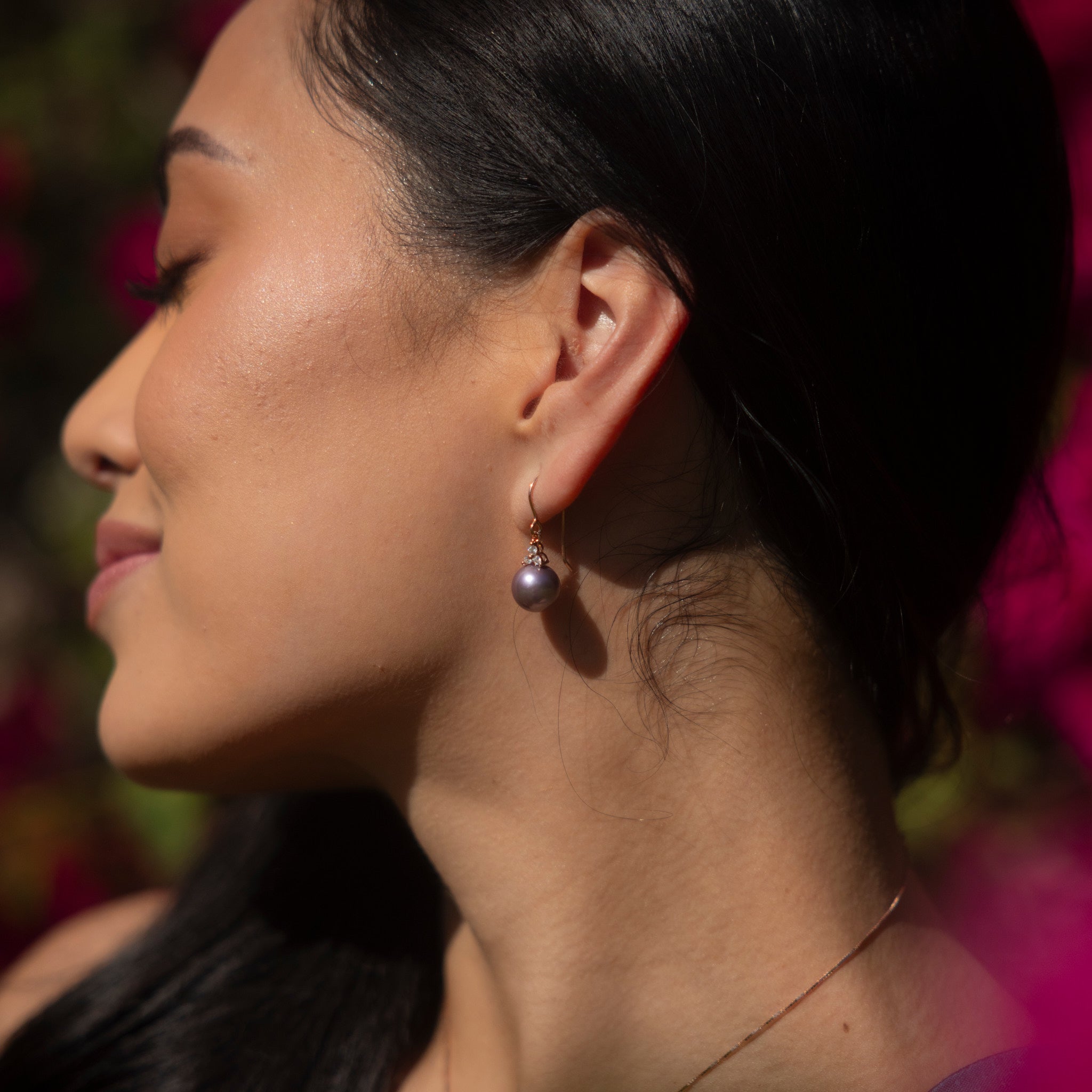 ウルトラバイオレット 淡水パール ピアス ダイヤモンド ローズゴールド - 10-11mm