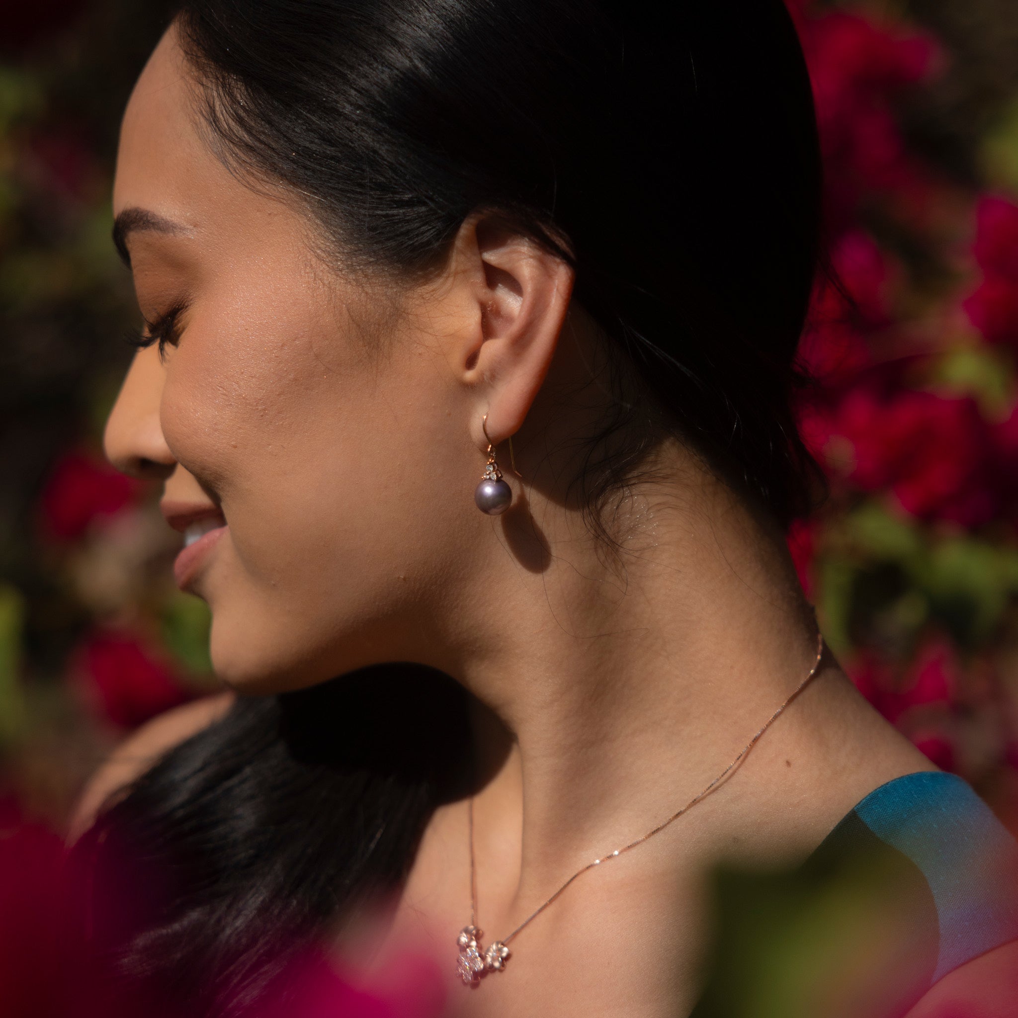 ウルトラバイオレット 淡水パール ピアス ダイヤモンド ローズゴールド - 10-11mm