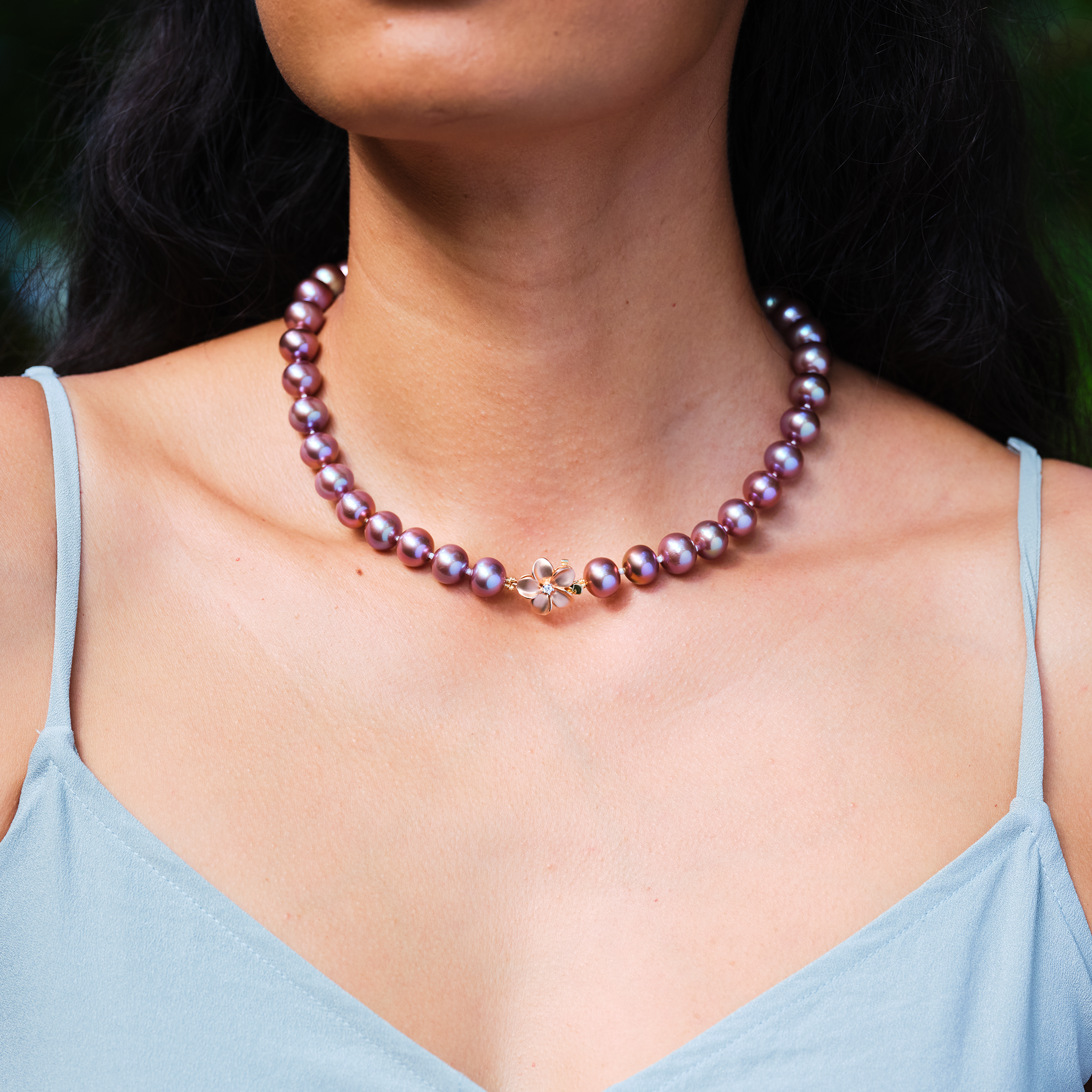 20" Freshwater Pearl Strand with Diamond Plumeria Clasp in Rose Gold - 9-13mm