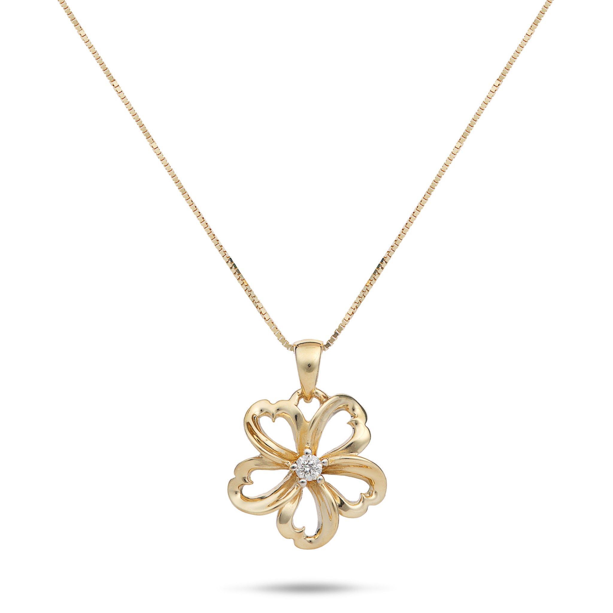 18" Plumeria Pendant Necklace in Gold with Diamond - 14mm