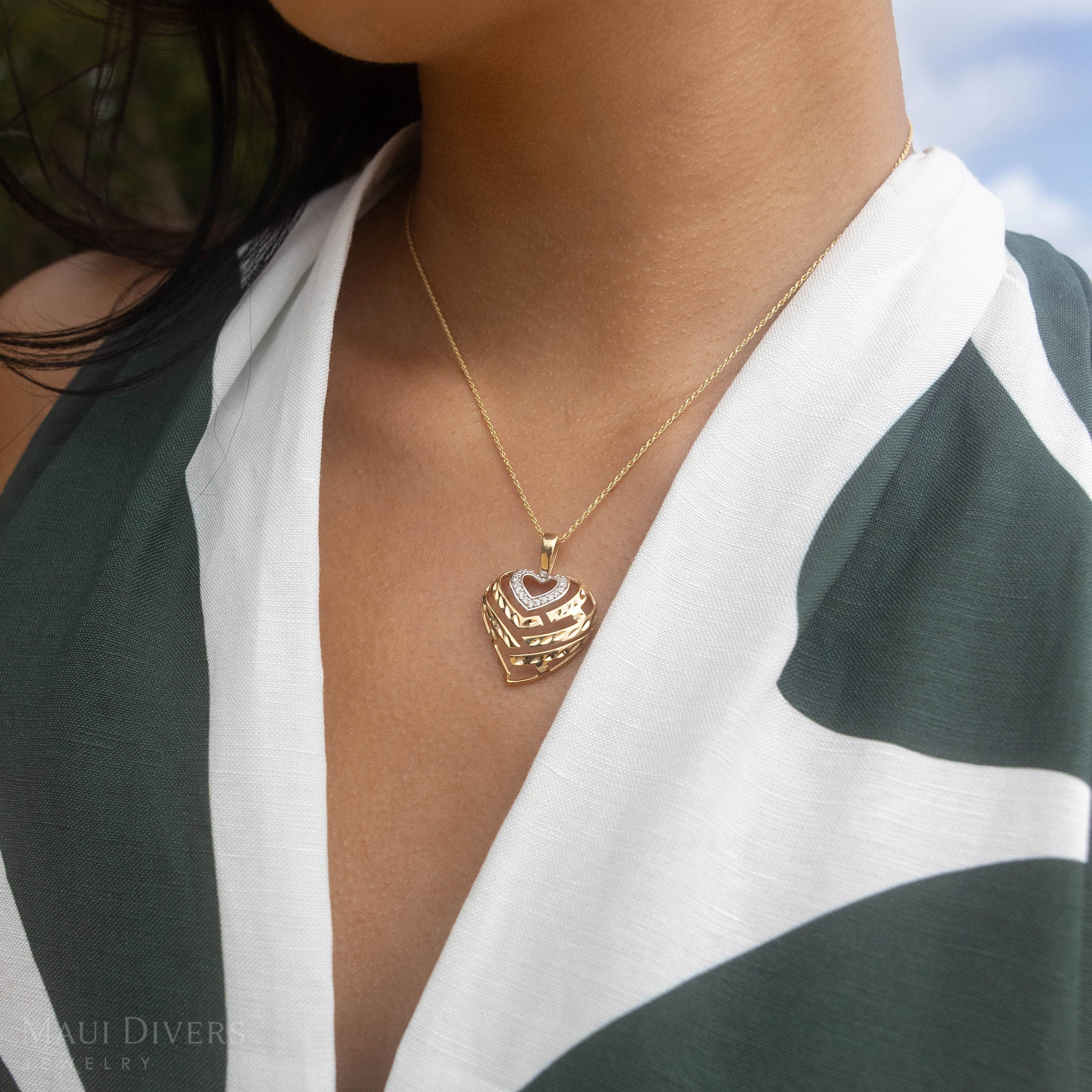 Aloha Heart Pendant in Two Tone Gold with Diamonds - 24mm