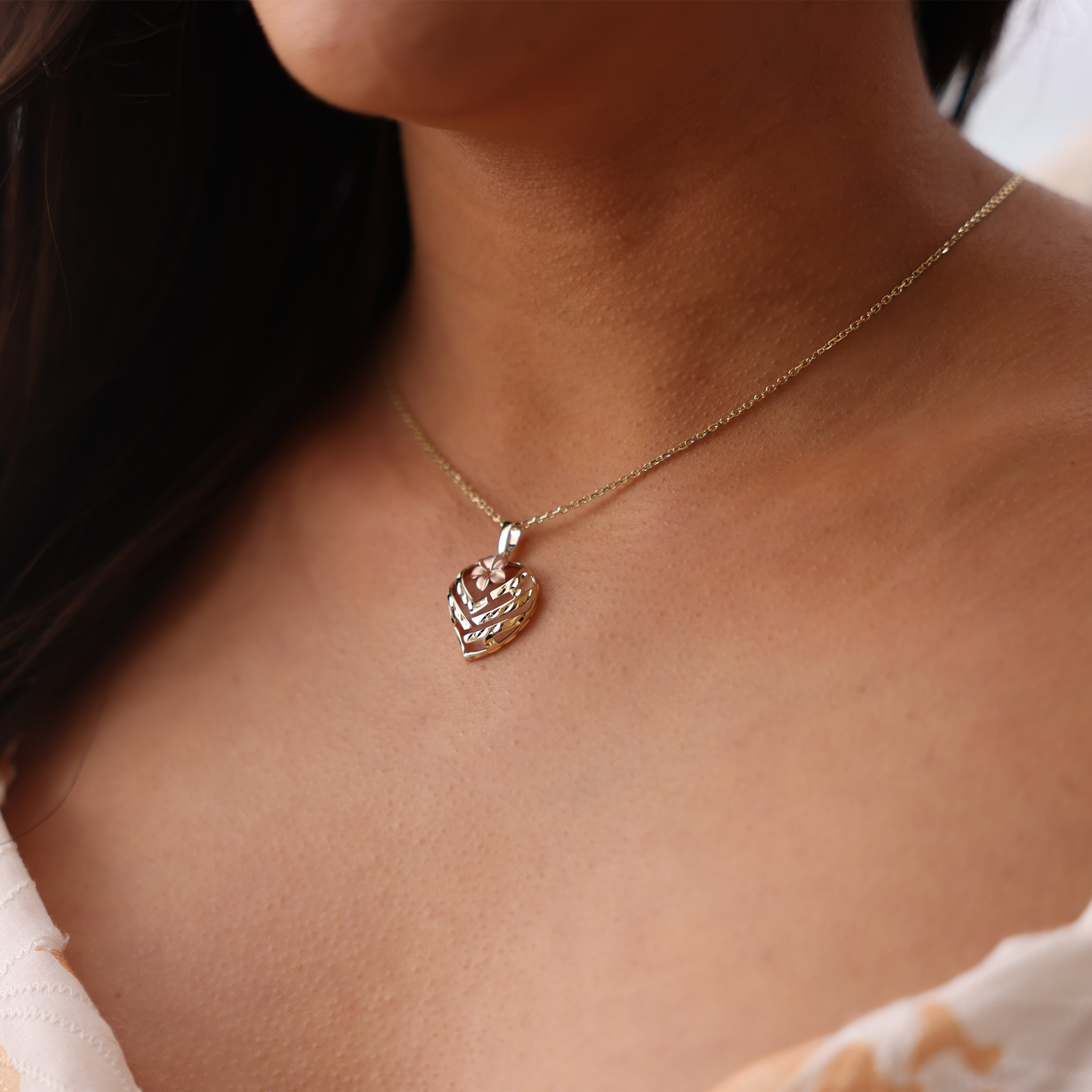 Aloha Heart Plumeria Pendant in Two Tone Gold - 16mm