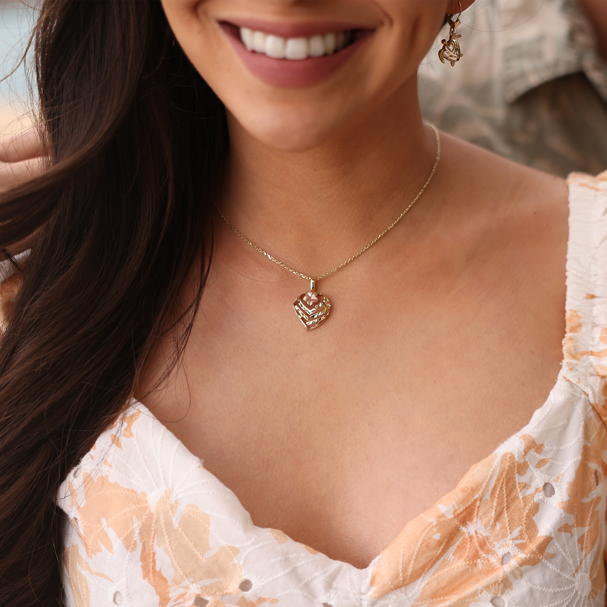 Aloha Heart Plumeria Pendant in Two Tone Gold - 16mm