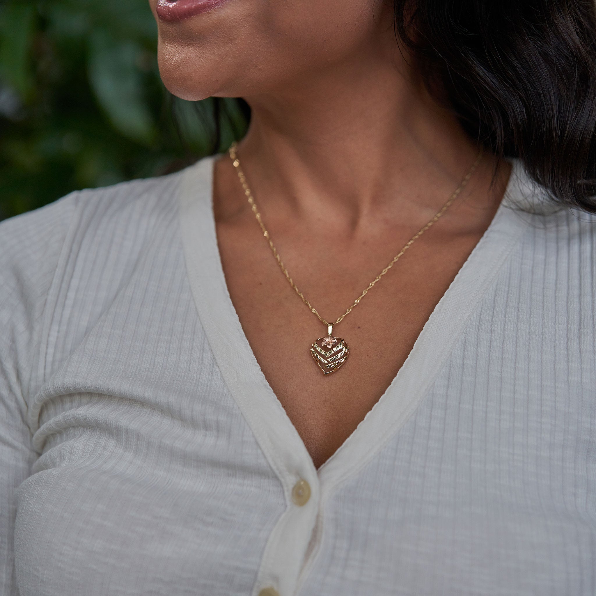 Aloha Heart Plumeria Pendant in Two Tone Gold - 16mm