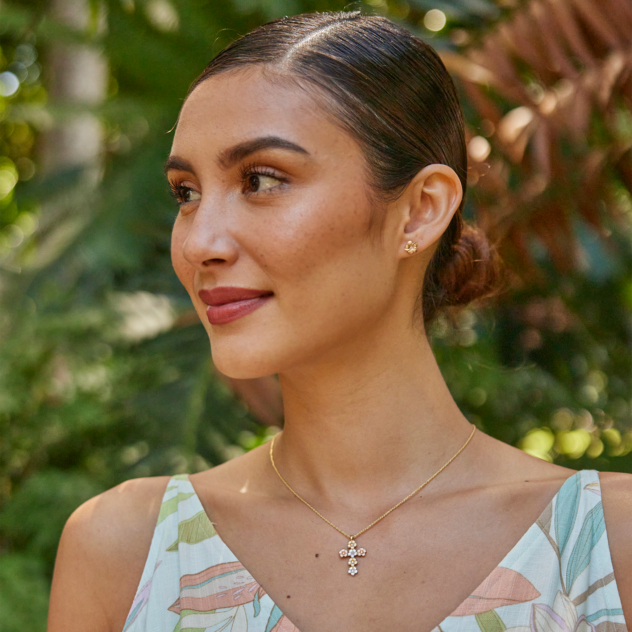Plumeria Cross Pendant in Tri Color Gold with Diamonds - 25mm