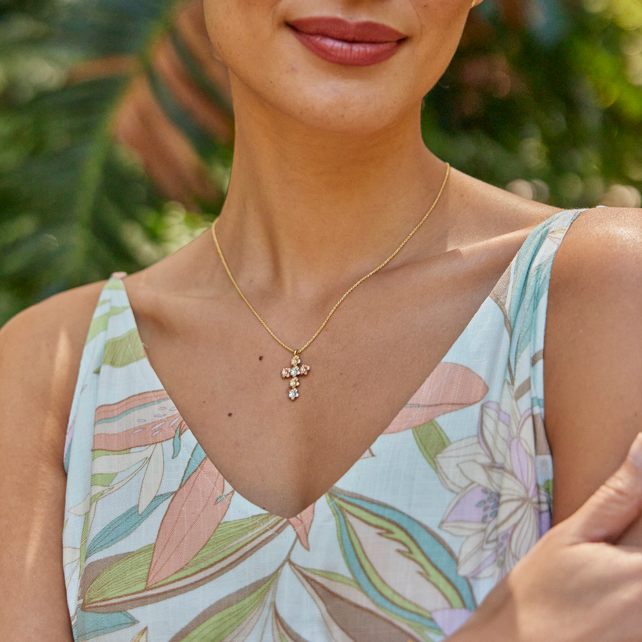 Plumeria Cross Pendant in Tri Color Gold with Diamonds - 25mm