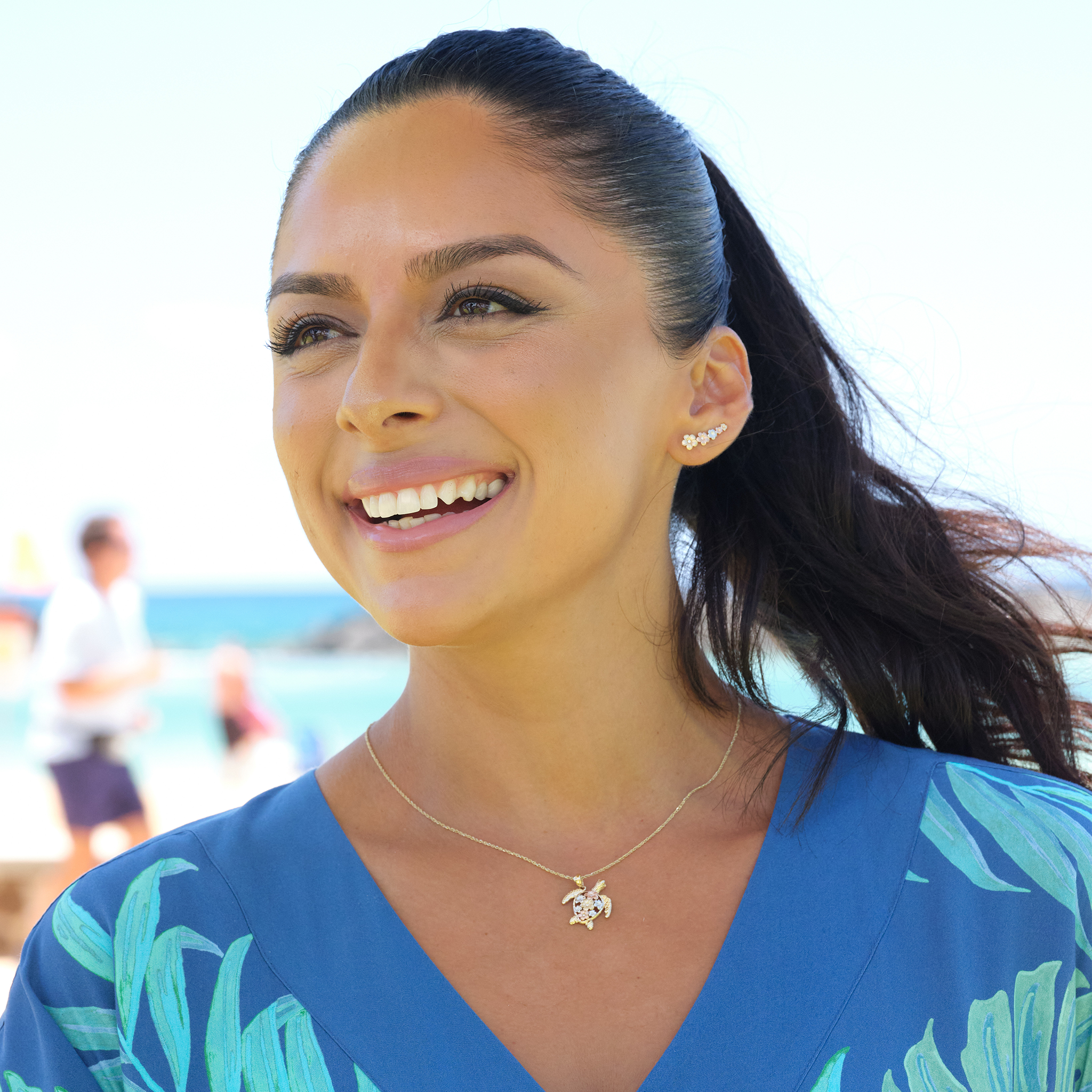 Plumeria Honu (Turtle) Pendant in Tri Color Gold with Diamonds - 18mm