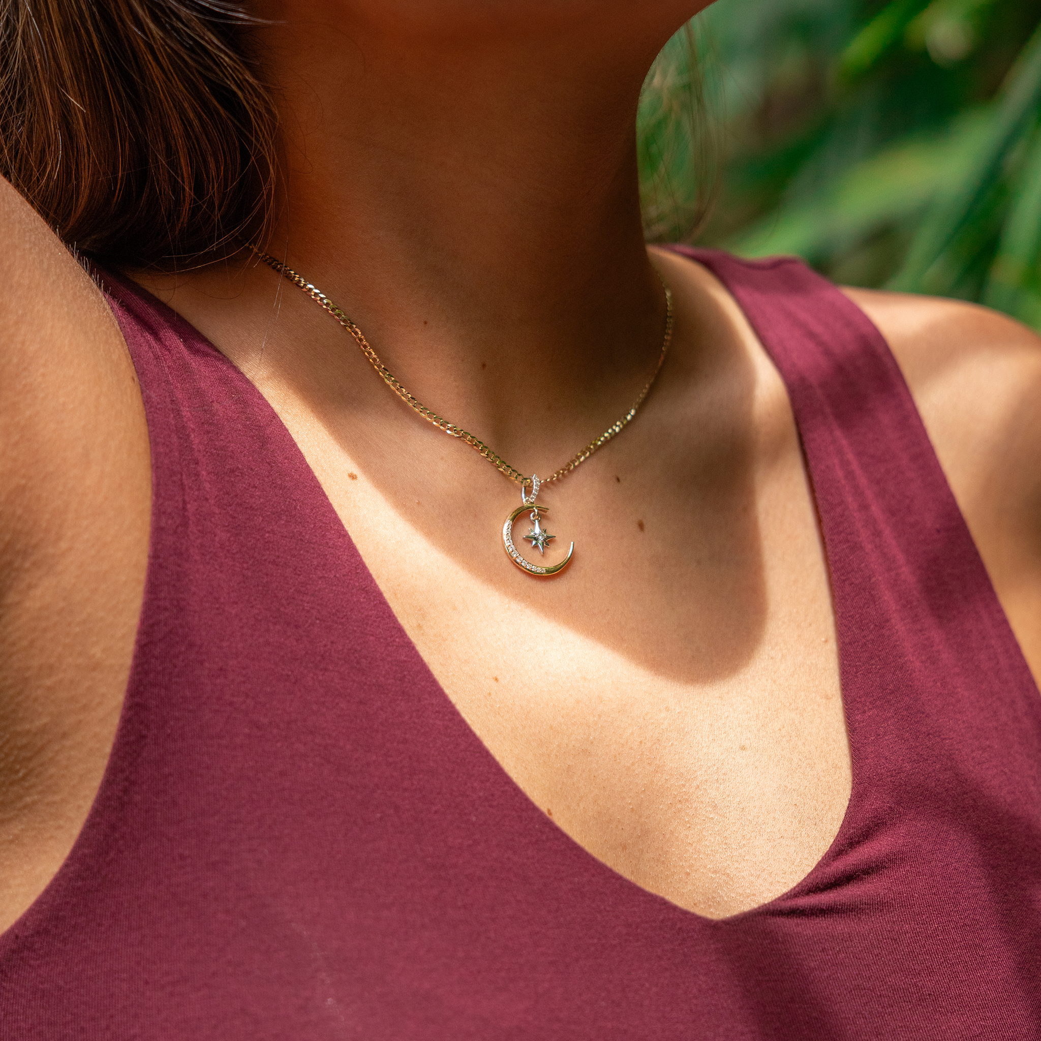 ムーン&スター・マーメイド・ペンダント ダイヤモンド・ツートーンゴールド - 19.5mm