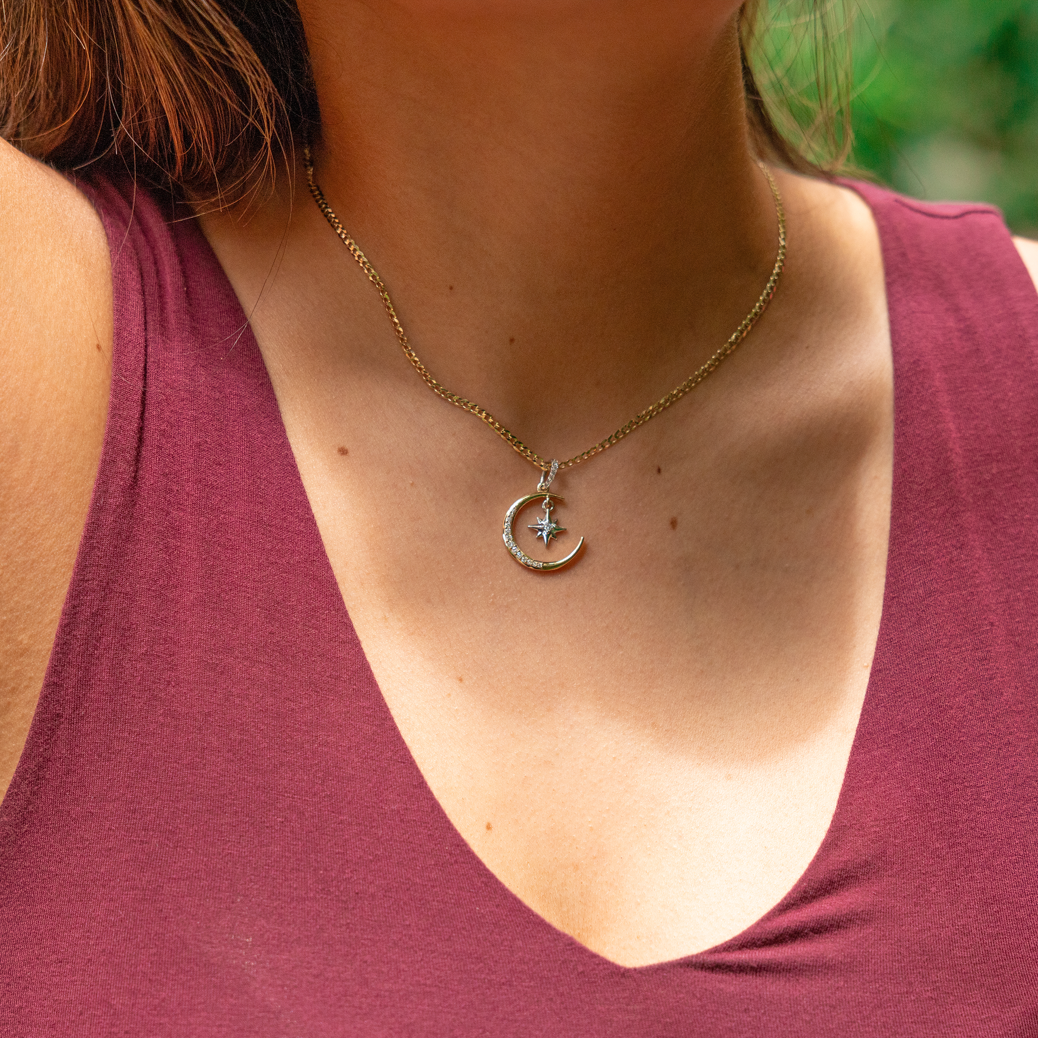 ムーン&スター・マーメイド・ペンダント ダイヤモンド・ツートーンゴールド - 19.5mm