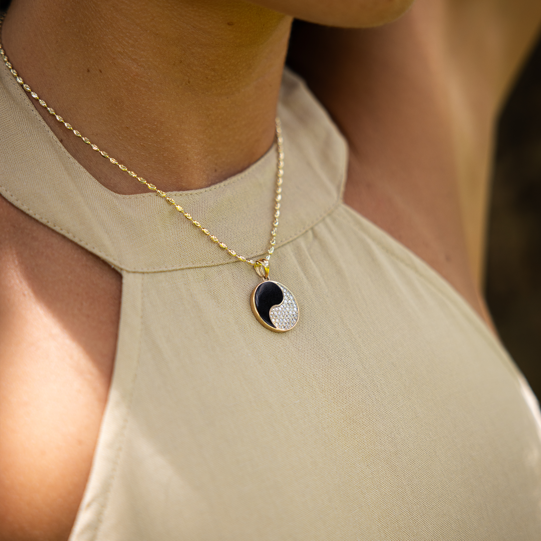 Yin Yang Black Coral Pendant in Gold with Diamonds - 20mm