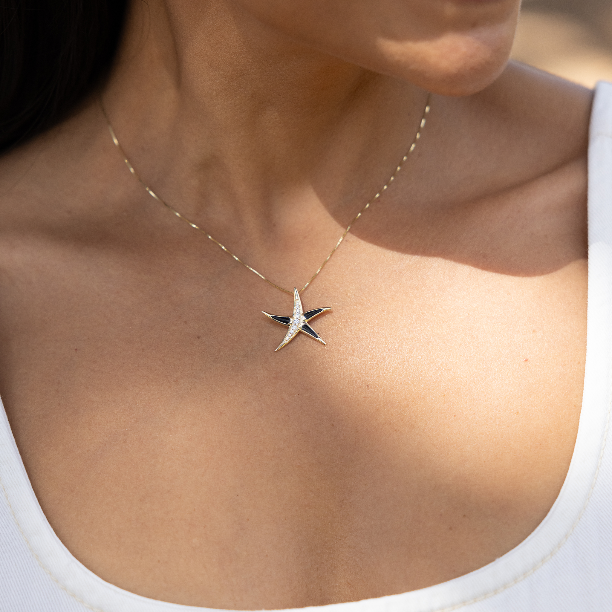 Sealife Starfish Black Coral Pendant in Gold with Diamonds - 21mm