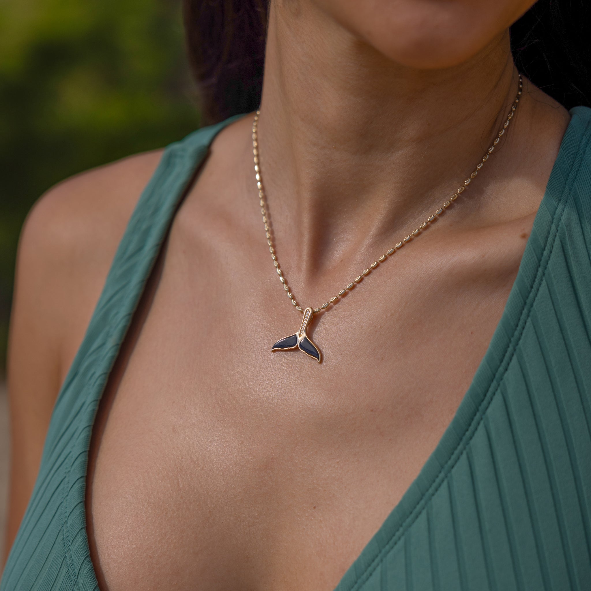 Sealife Whale Tail Black Coral Pendant in Gold with Diamonds - 21mm