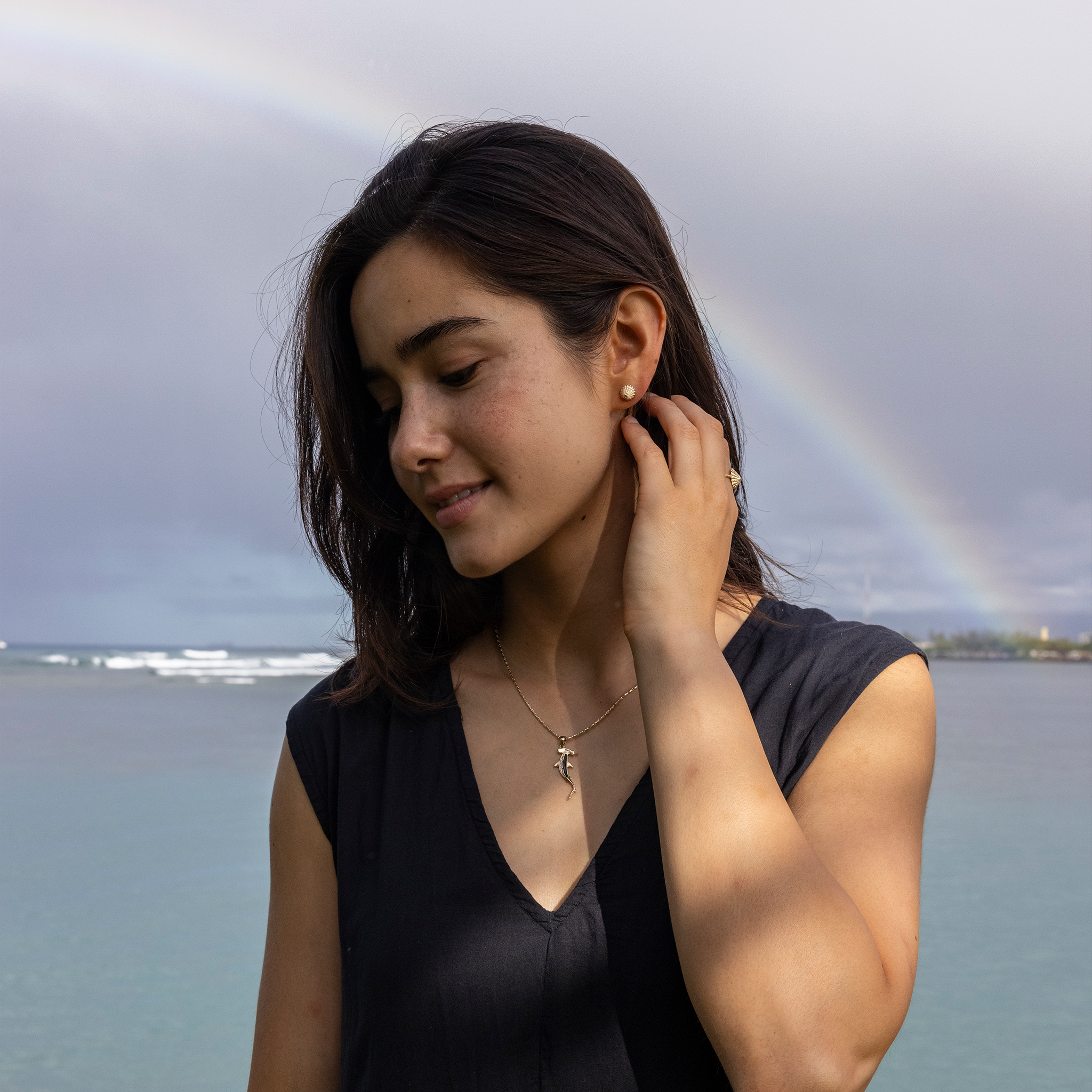 シーライフ・ハンマーヘッド・シャーク・ブラックコーラル・ペンダント ダイヤモンド・ゴールド 34mm