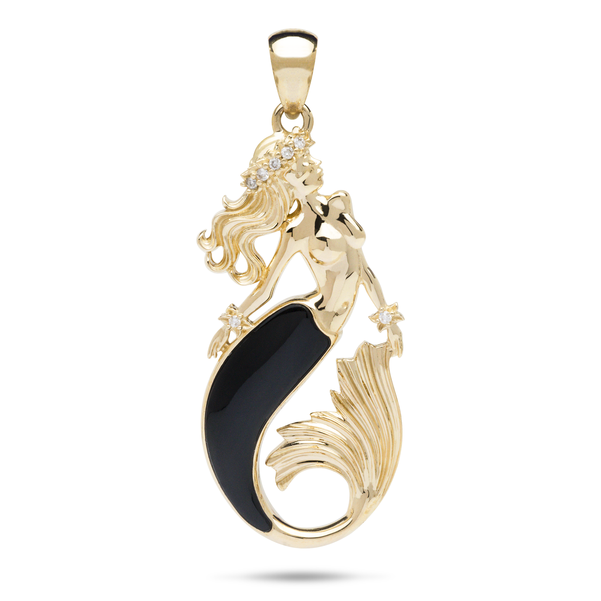 Sealife Mermaid Black Coral Pendant in Gold with Diamonds - 35mm
