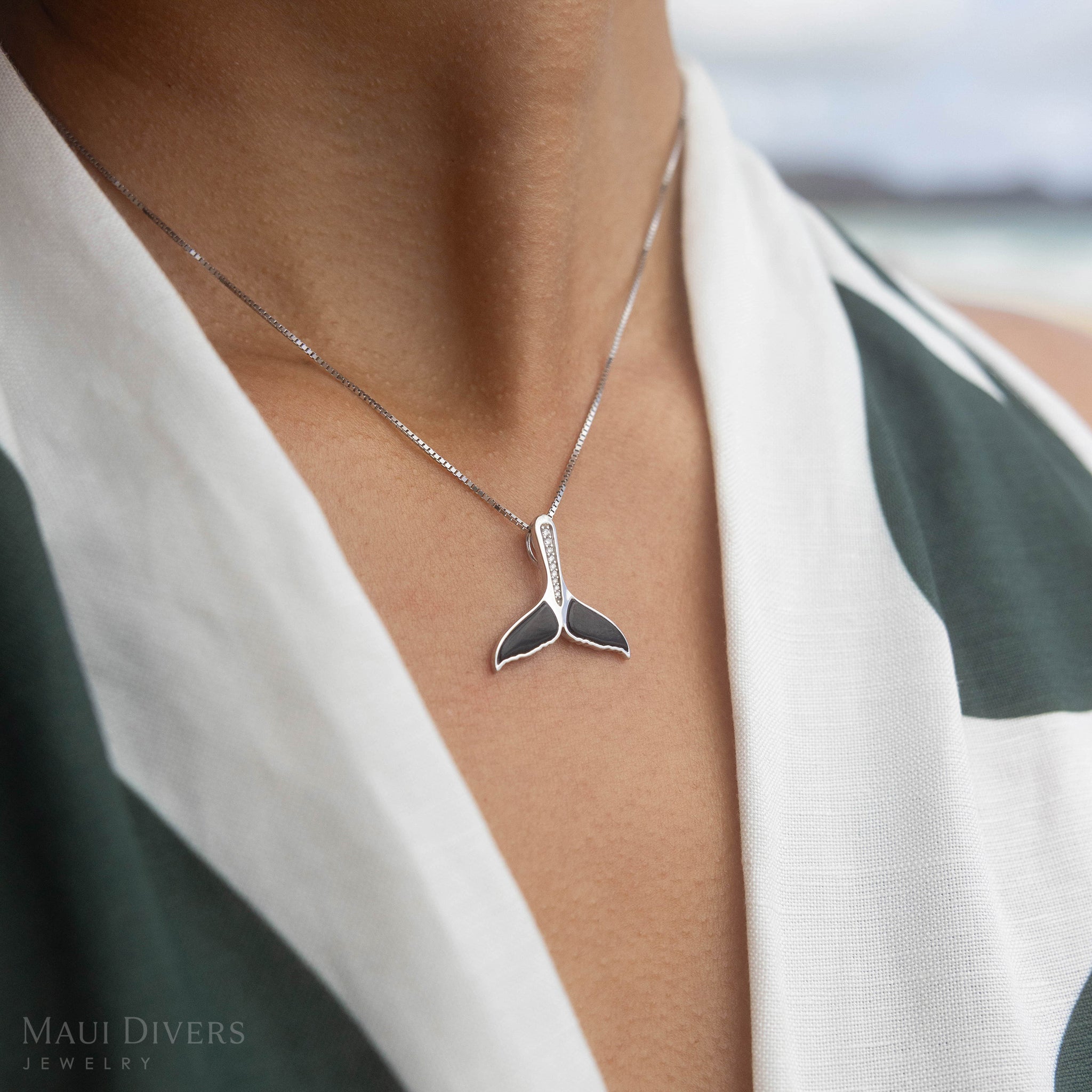 Sealife Whale Tail Black Coral Pendant in White Gold with Diamonds - 21mm