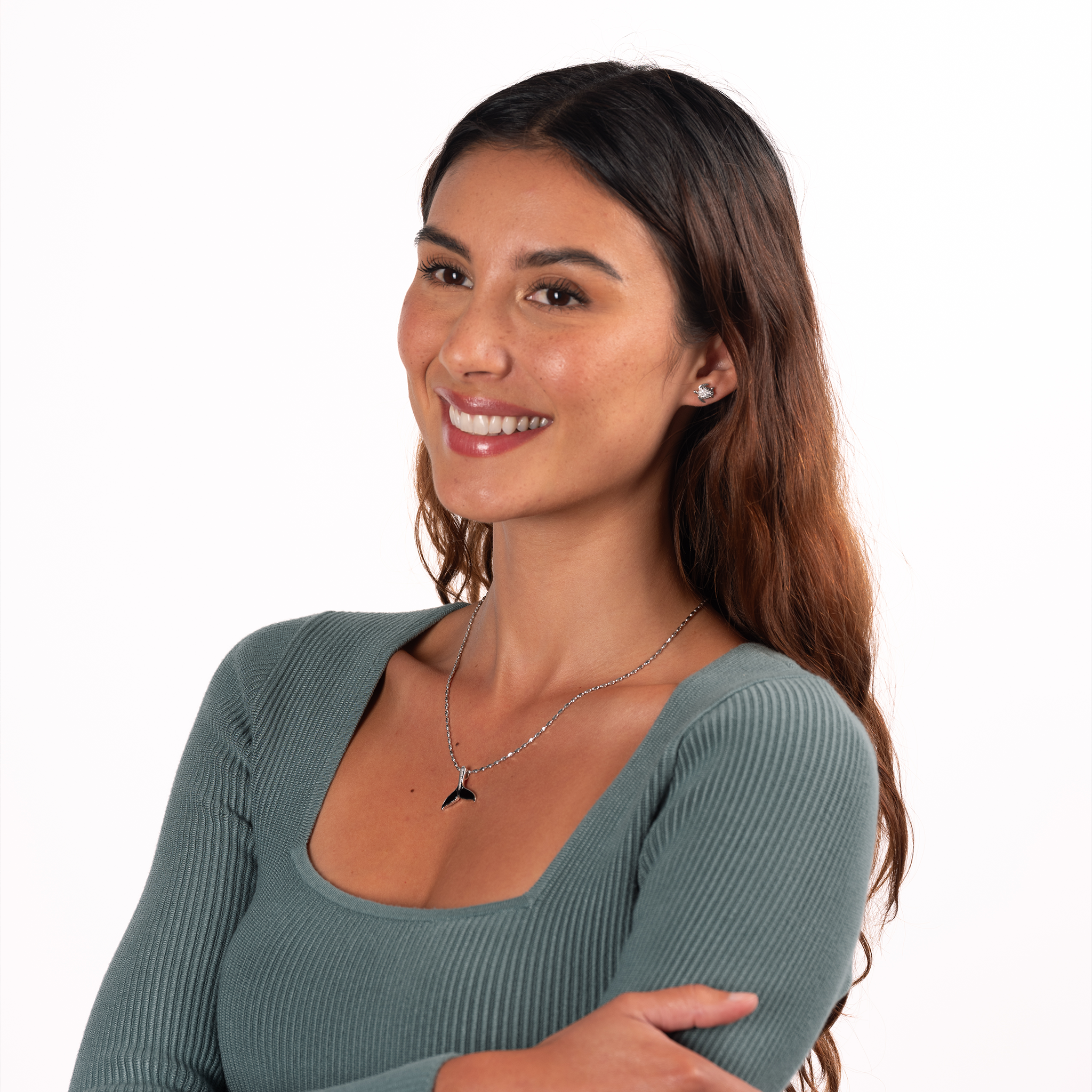 Sealife Whale Tail Black Coral Pendant in White Gold with Diamonds - 21mm