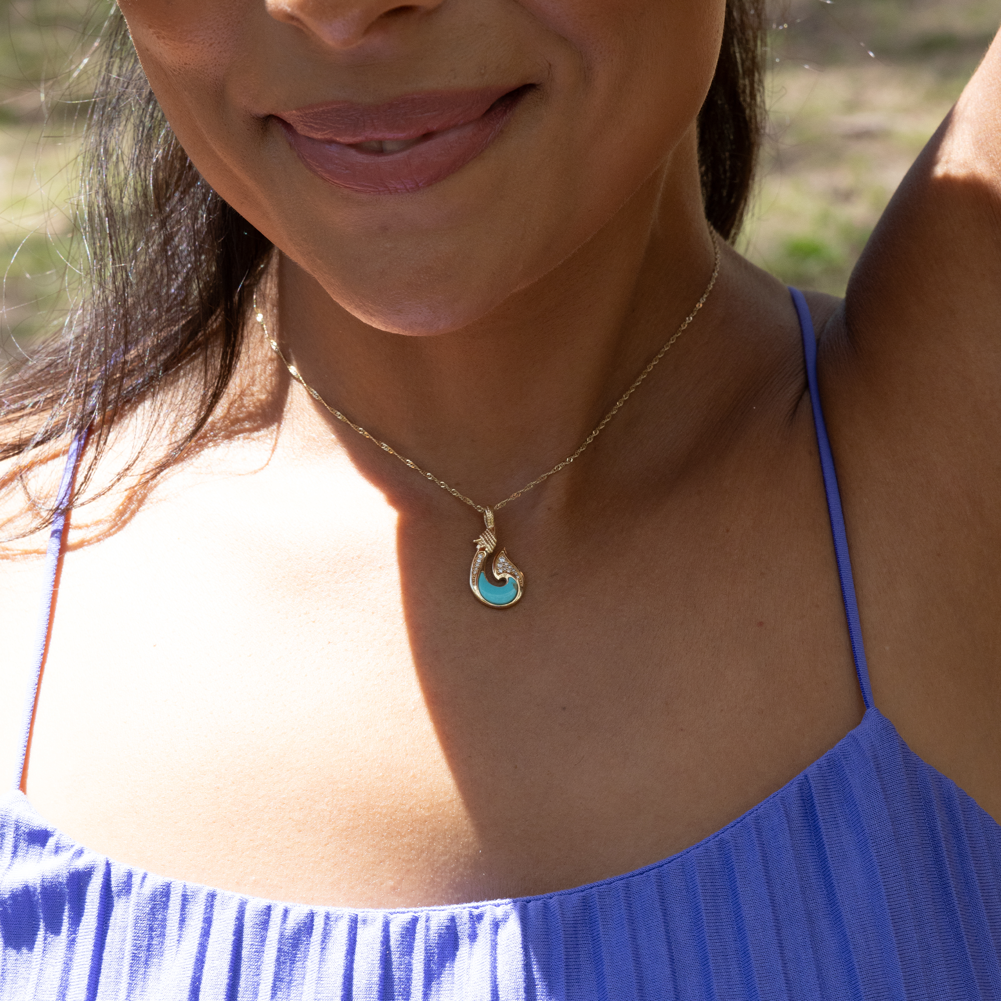 シーライフ・フィッシュフック・ターコイズ・ペンダント ダイヤモンド・ゴールド 27mm