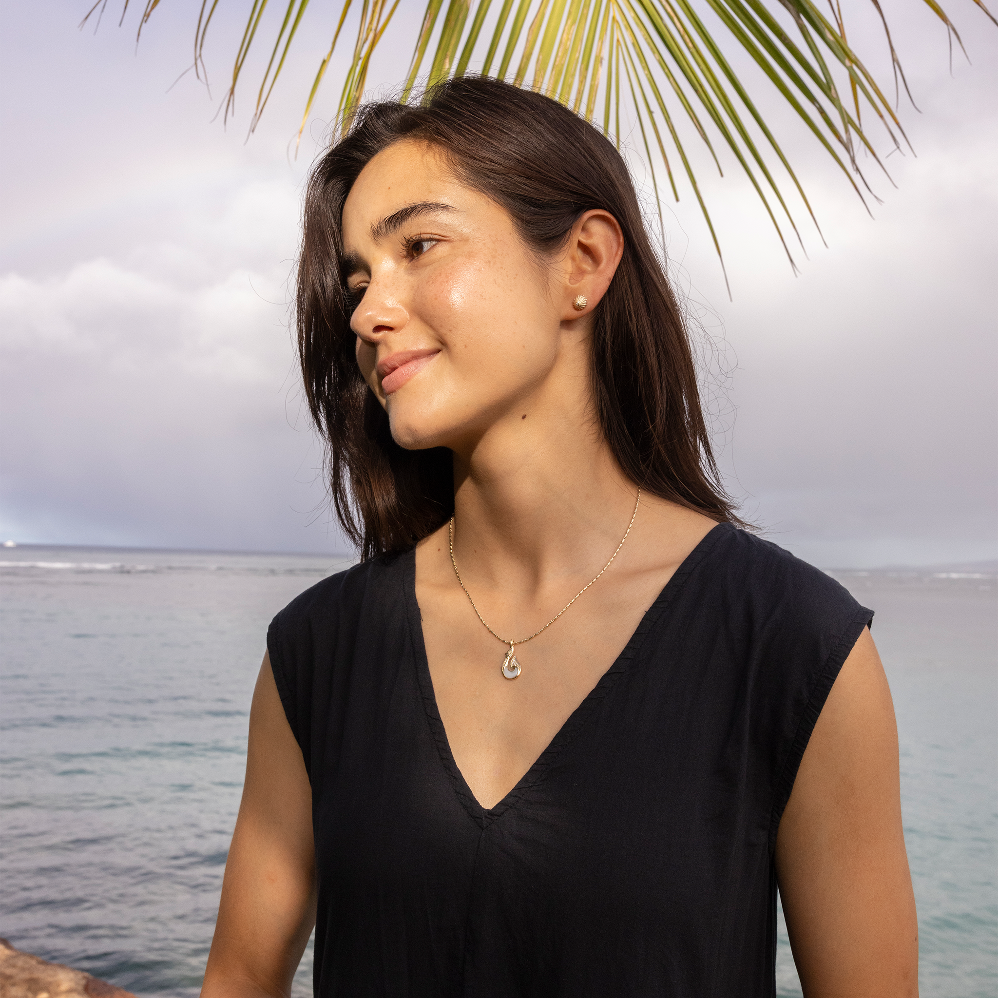 シーライフ フィッシュフック マザー・オブ・パール ペンダント ダイヤモンド ゴールド 27mm