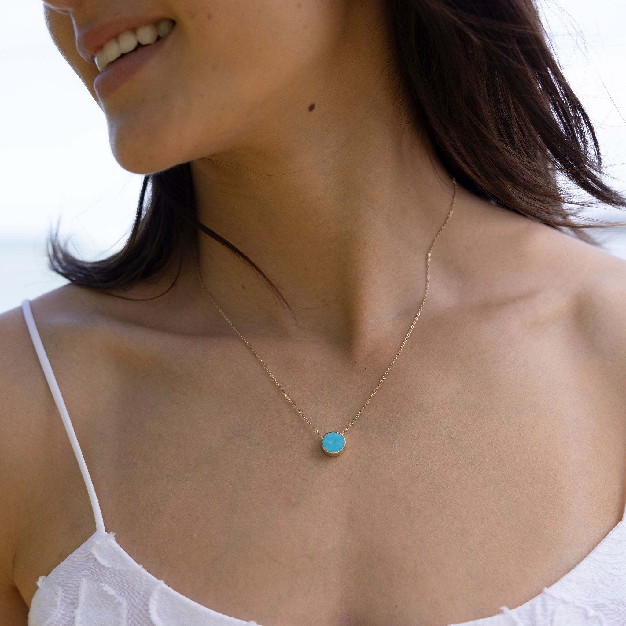 16-18インチ アジャスタブル エクリプス フリップサイド ターコイズ&マザーオブパール ネックレス ゴールド 9mm