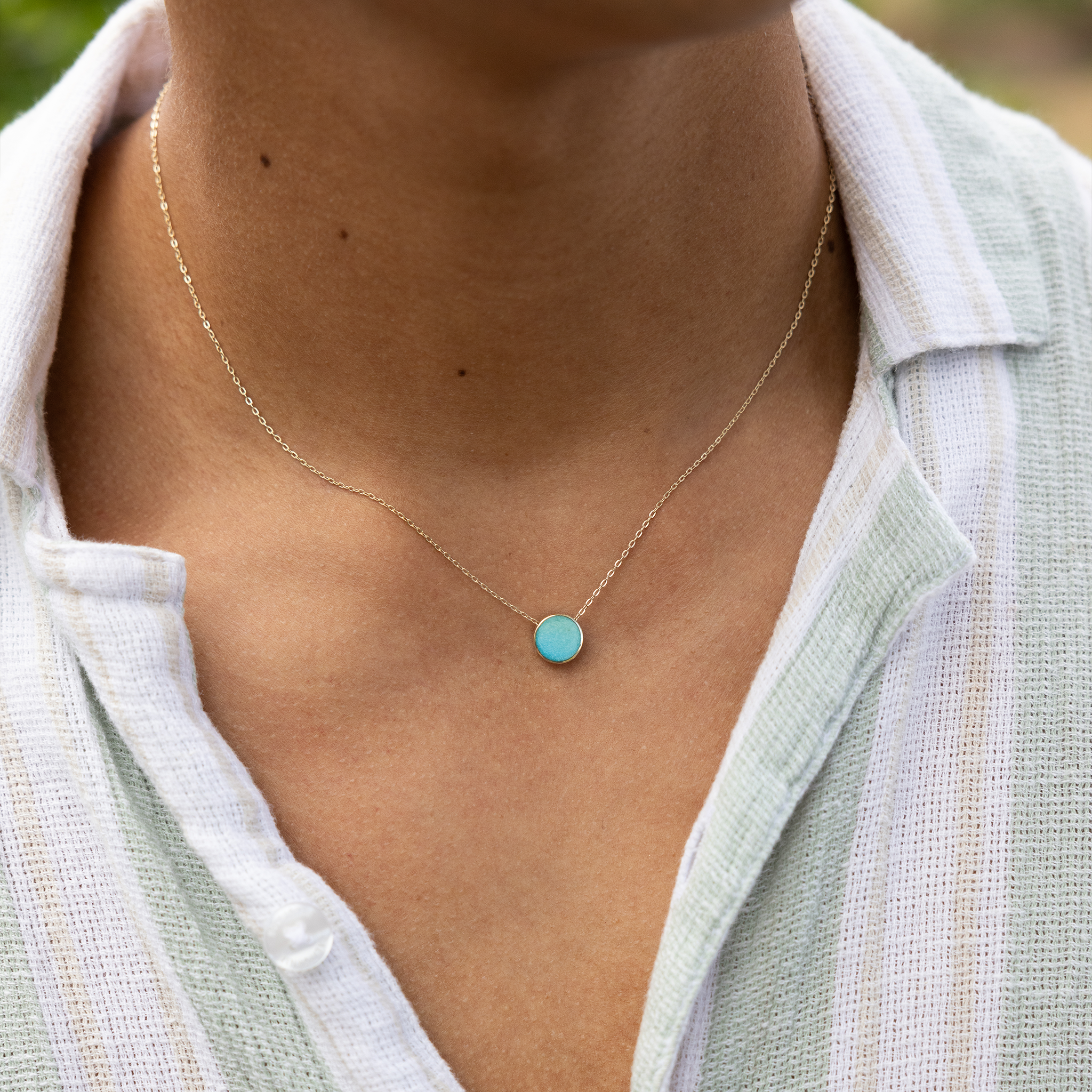 16-18インチ アジャスタブル エクリプス フリップサイド ターコイズ&マザーオブパール ネックレス ゴールド 9mm