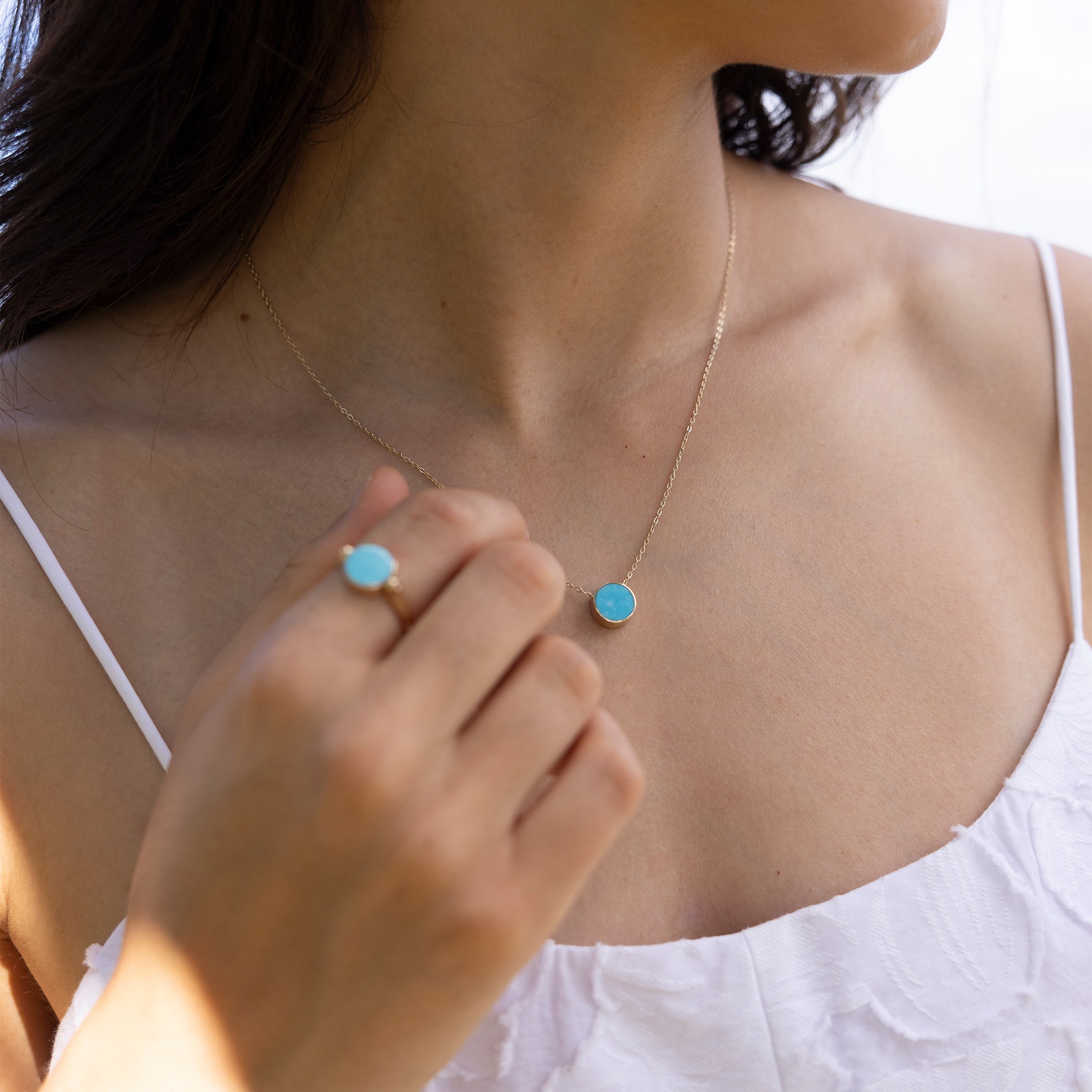 16-18インチ アジャスタブル エクリプス フリップサイド ターコイズ&マザーオブパール ネックレス ゴールド 9mm