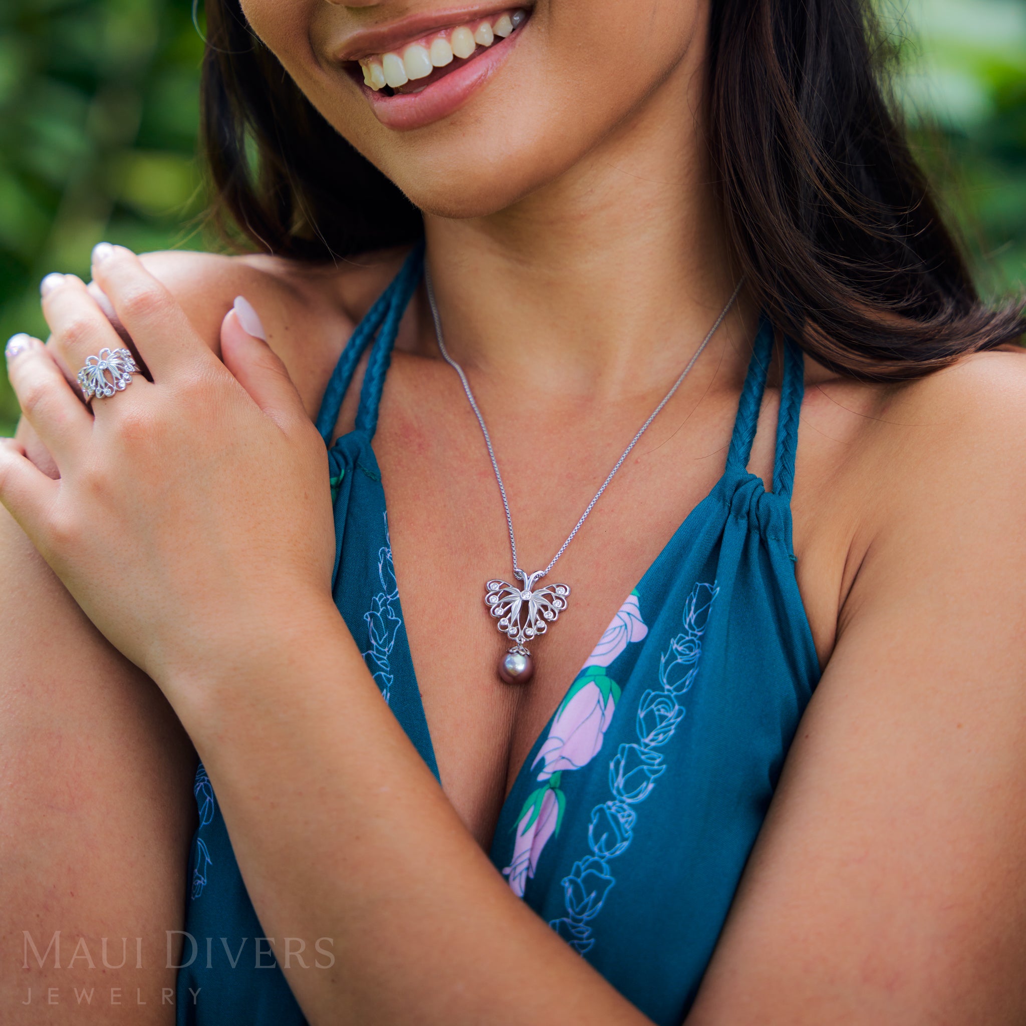 Pulelehua (Butterfly) Freshwater Pearl Pendant in Sterling Silver with Cubic Zirconia - 24mm