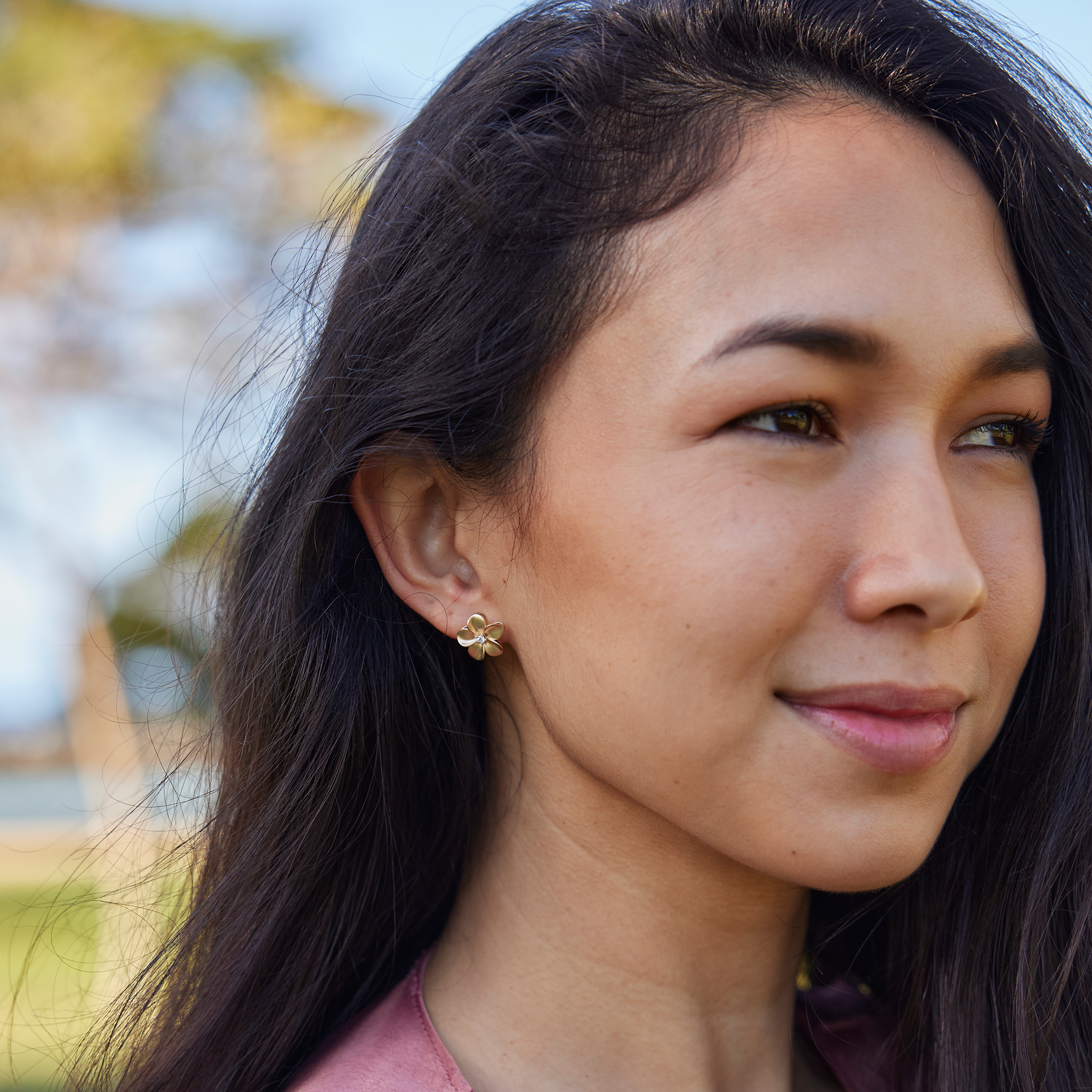 プルメリア ダイヤモンド ピアス ゴールド - 13mm