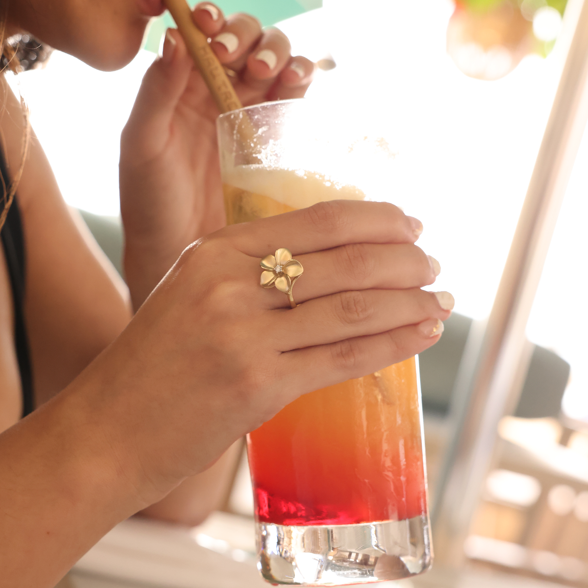 プルメリア ダイヤモンド・ゴールド・リング - 16mm