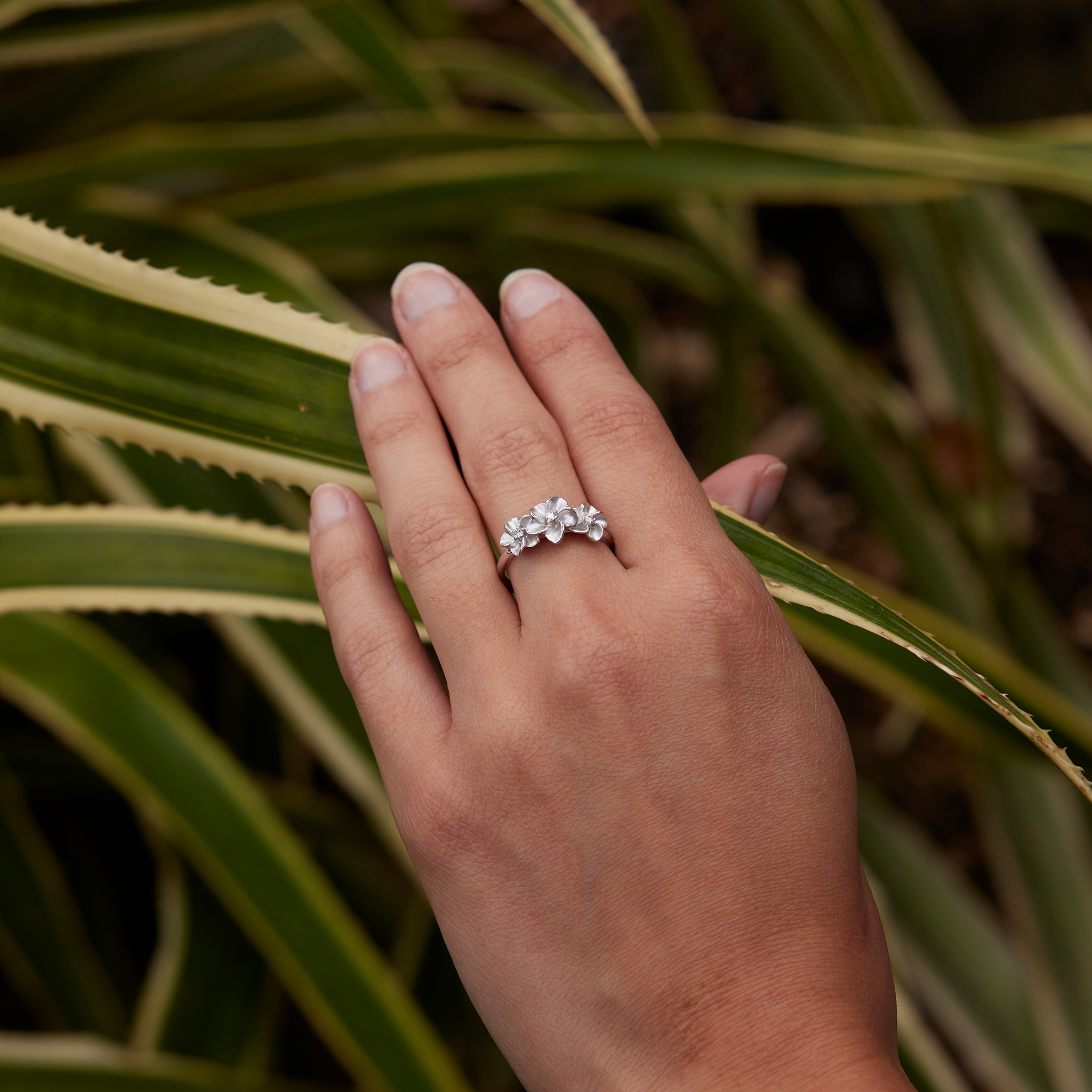 プルメリア ダイヤモンド ホワイトゴールド リング - 8mm
