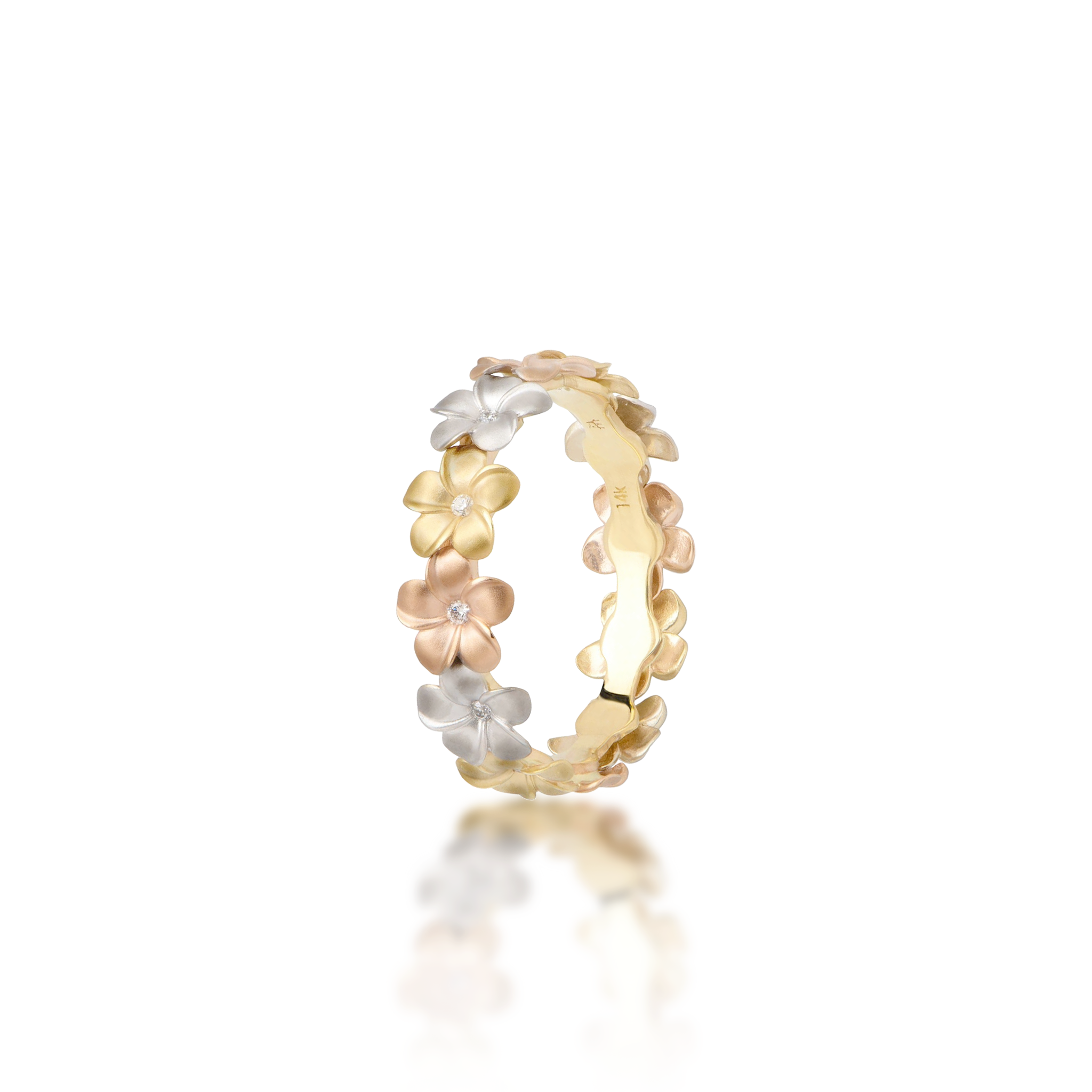 Plumeria Eternity Ring in Tri Color Gold with Diamonds - 5mm