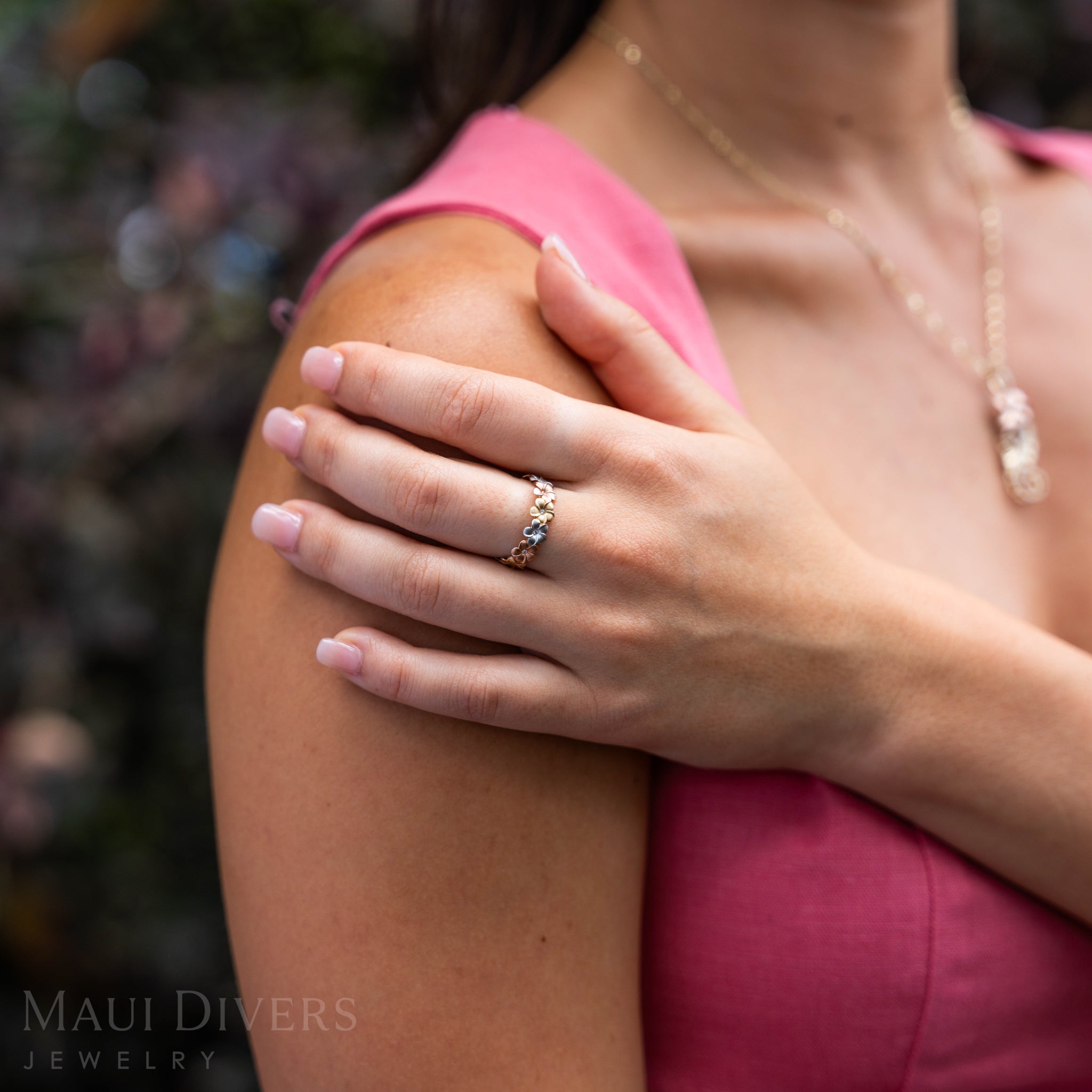 Plumeria Eternity Ring in Tri Color Gold with Diamonds - 5mm
