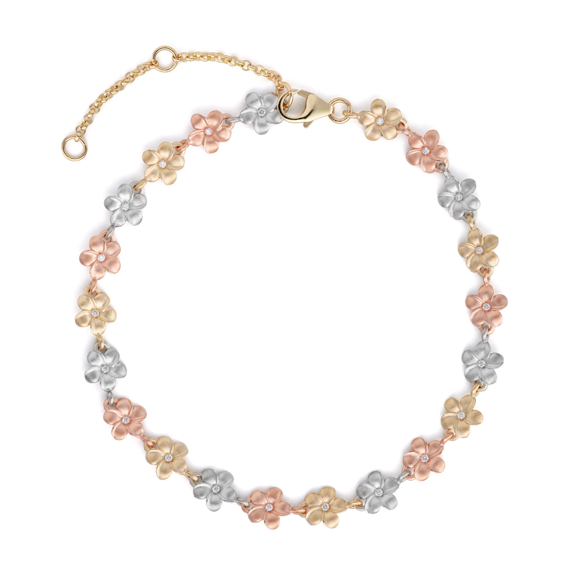 Top-down view of an adjustable diamond plumeria link bracelet in alternating 14k rose, white, and yellow gold.