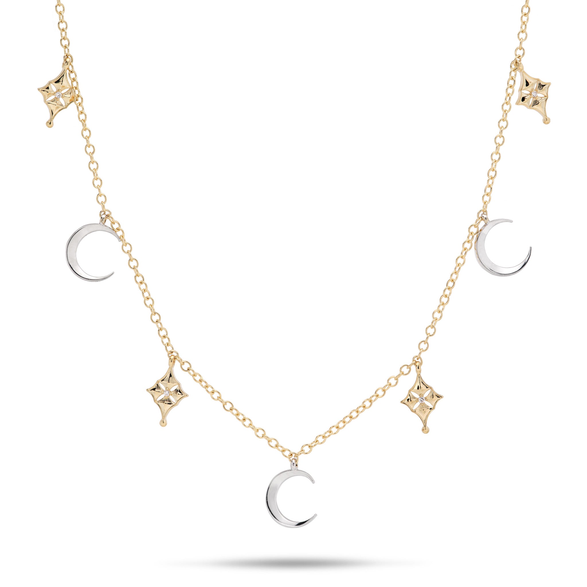 16-18" Adjustable Hawaiian Quilted Star & Moon Necklace in Two Tone Gold