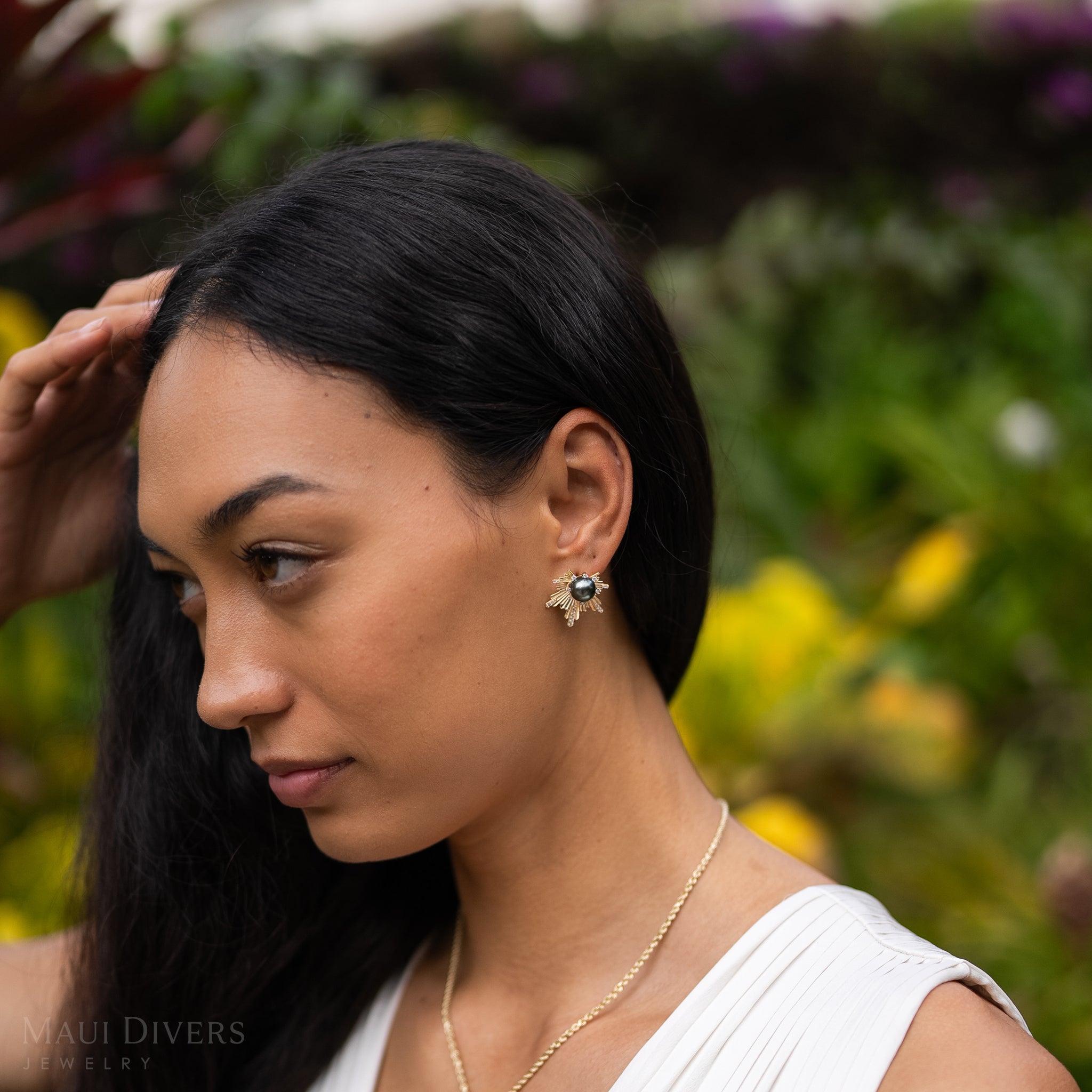 E Hoʻāla タヒチ黒真珠 ダイヤモンド ゴールド ピアス - 23mm